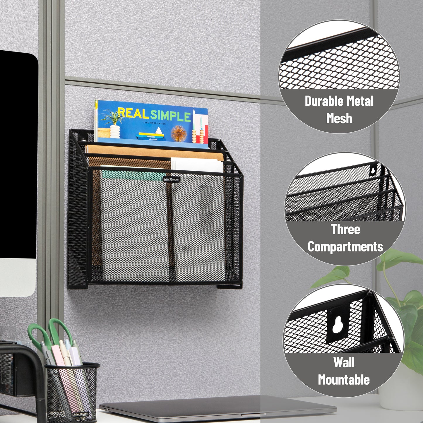 Mind Reader Vertical File Storage, Desktop Organizer, Wall Mount, Office, Metal Mesh, 12.5"L x 3.75"W x 11.5"H
