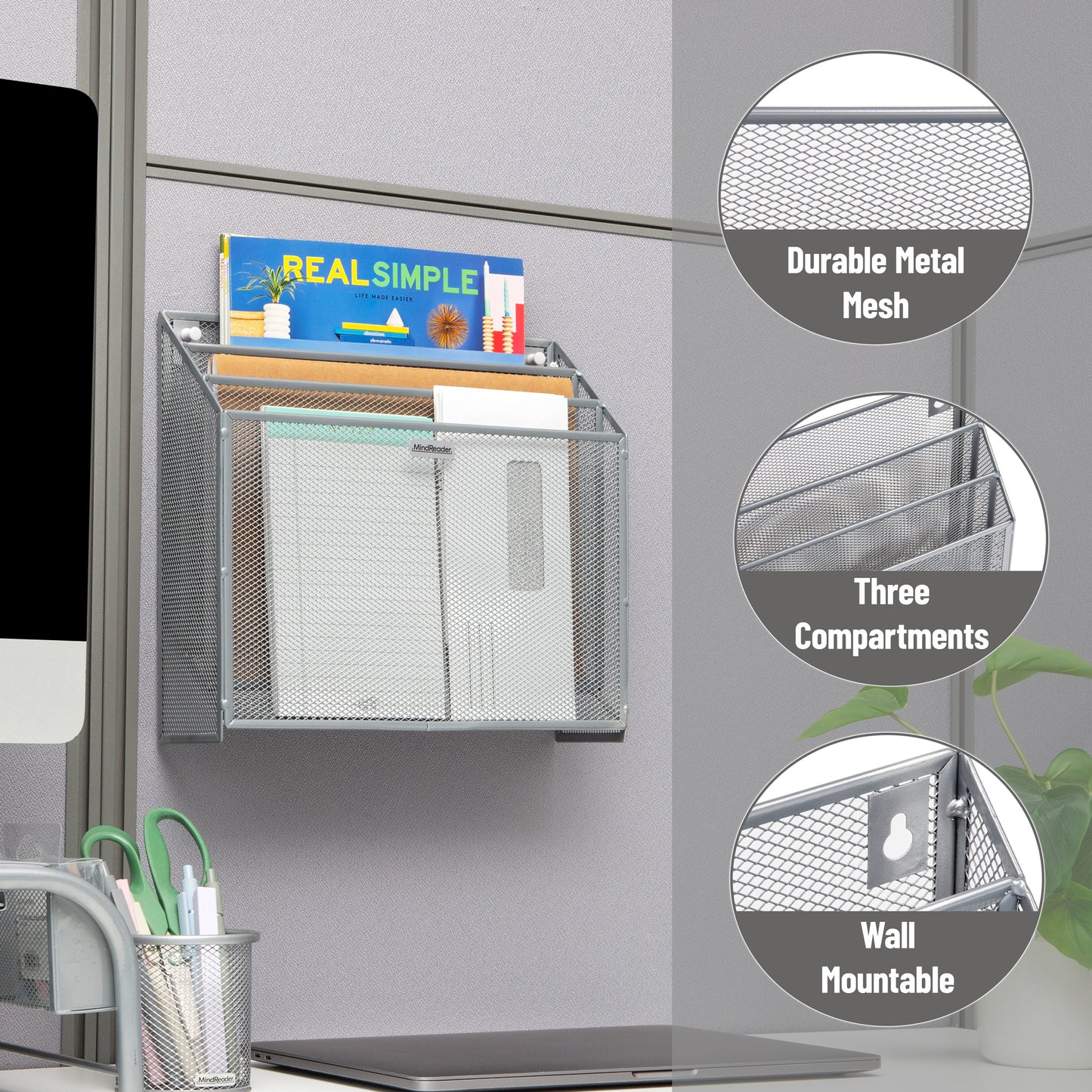 Mind Reader Vertical File Storage, Desktop Organizer, Wall Mount, Office, Metal Mesh, 12.5"L x 3.75"W x 11.5"H