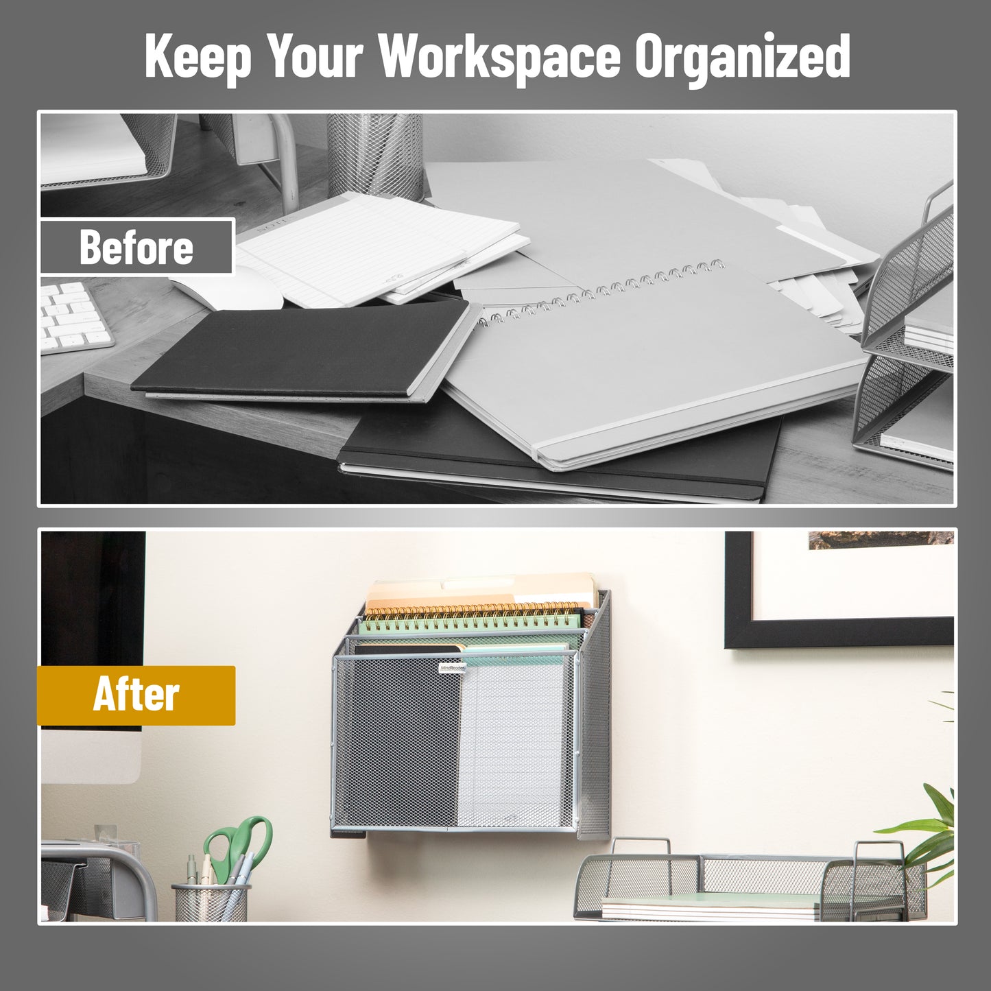 Mind Reader Vertical File Storage, Desktop Organizer, Wall Mount, Office, Metal Mesh, 12.5"L x 3.75"W x 11.5"H