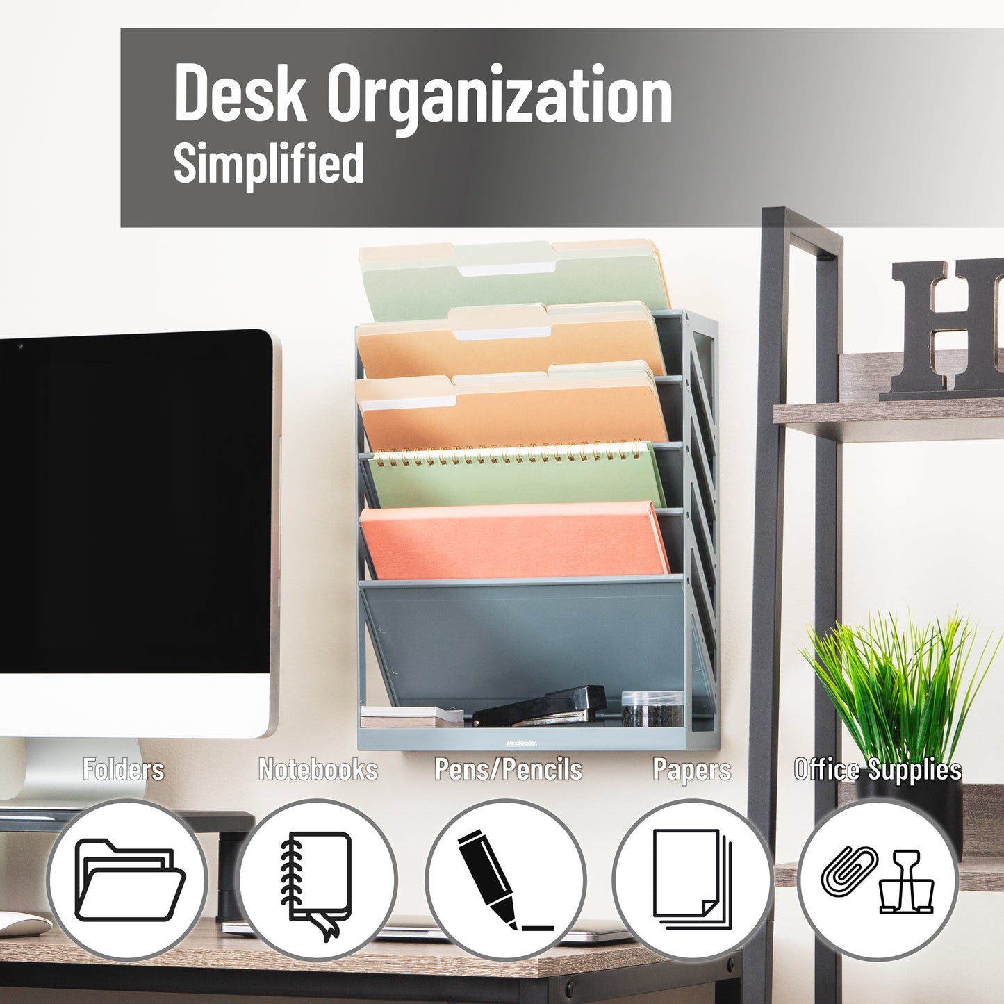 Mind Reader 5-Tier Vertical File Storage, Desktop Organizer, Wall Mount, Office, Plastic, 13"L x 4.25"W x 16"H