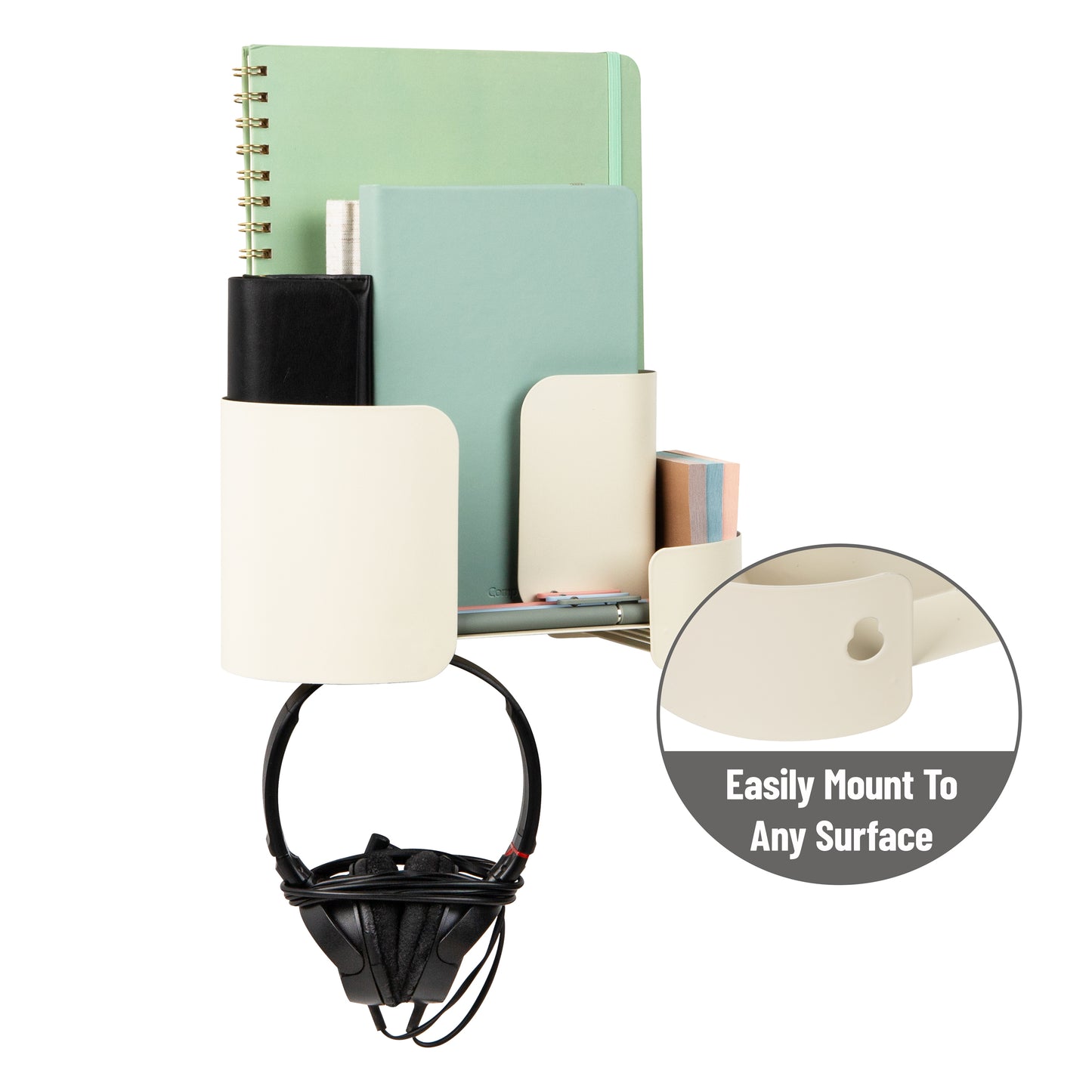 Mind Reader Hanging Accessory Organizer, Adhesive Wall-Mounted Shelf with Hooks for Home, Office, Dorm, or Bathroom, Metal, Tan