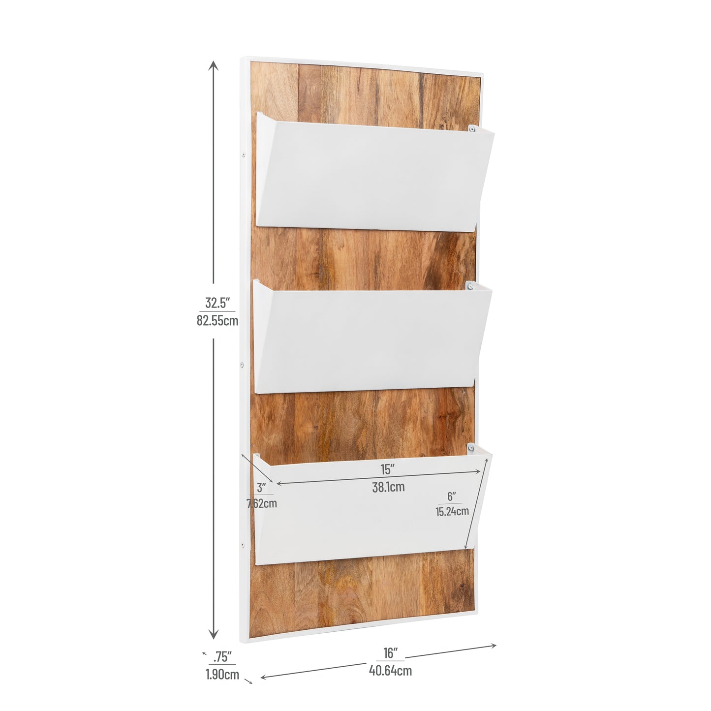 Mind Reader 3-Tier Wall-Mounted File Organizer, Wood and Metal Vertical Rack for Mail, Magazines, and Documents, Metal, Wood, White