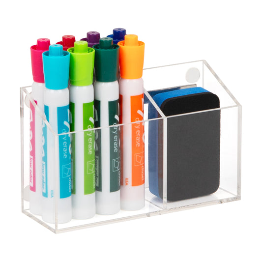 Mind Reader Clear Dry Erase Marker and Eraser Holder, Acrylic Magnetic Whiteboard Organizer, 2-Compartment, Desktop or Wall Mount, Clear