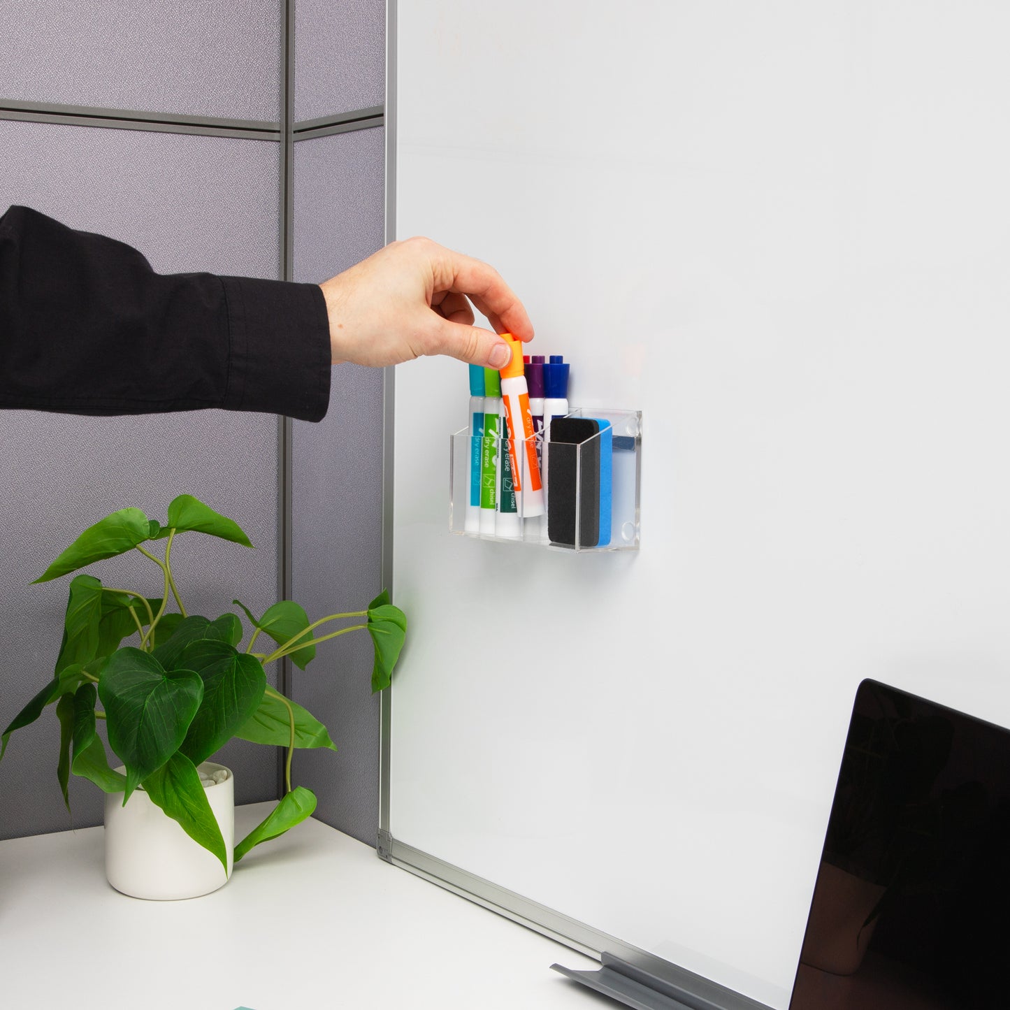 Mind Reader Clear Dry Erase Marker and Eraser Holder, Acrylic Magnetic Whiteboard Organizer, 2-Compartment, Desktop or Wall Mount, Clear