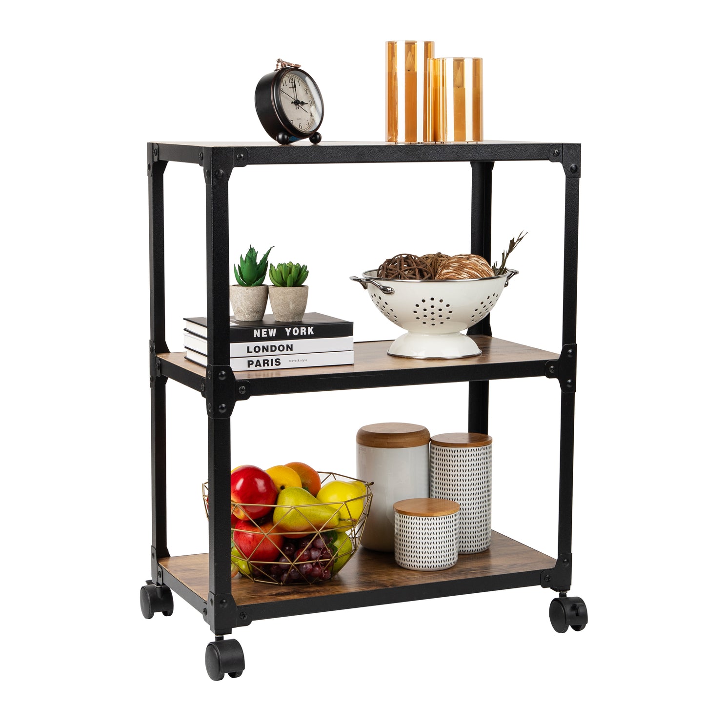 Mind Reader Woodland Collection, Rolling 3-Tier Kitchen Microwave Cart, Utility Cart, Bar Cart, Omnidirectional Smooth Gliding Lockable Wheels, Wood and Metal, Brown