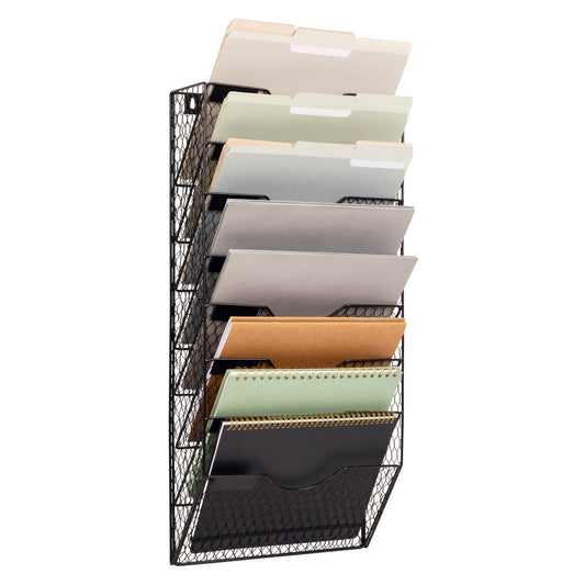 Mind Reader Wall Mounted File Organizer, 8 Tier Wire Mesh Document Holder with Label Slots, Vertical Storage Rack for Office, Mail, and Folders, Black