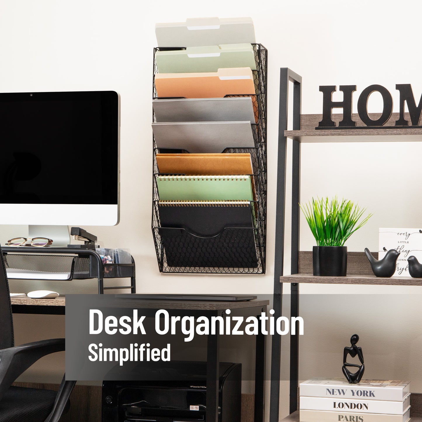 Mind Reader Wall Mounted File Organizer, 8 Tier Wire Mesh Document Holder with Label Slots, Vertical Storage Rack for Office, Mail, and Folders, Black