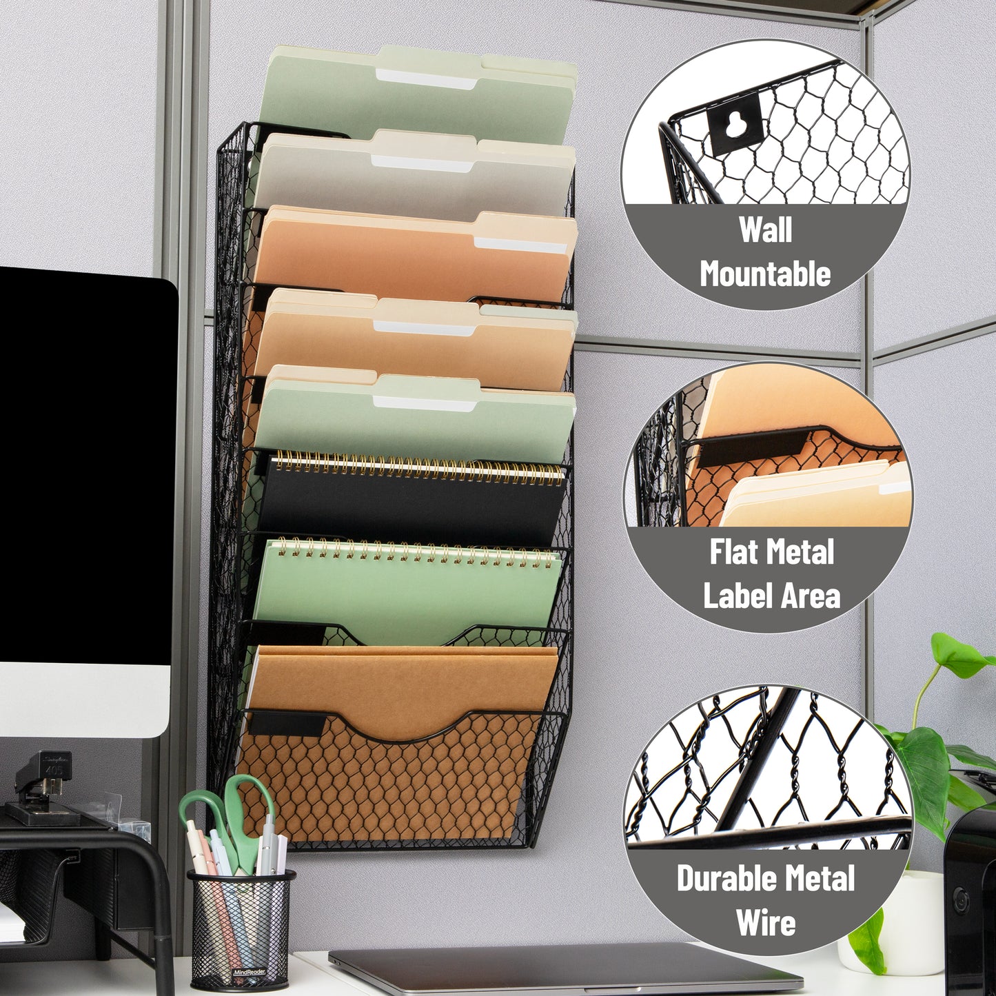 Mind Reader Wall Mounted File Organizer, 8 Tier Wire Mesh Document Holder with Label Slots, Vertical Storage Rack for Office, Mail, and Folders, Black
