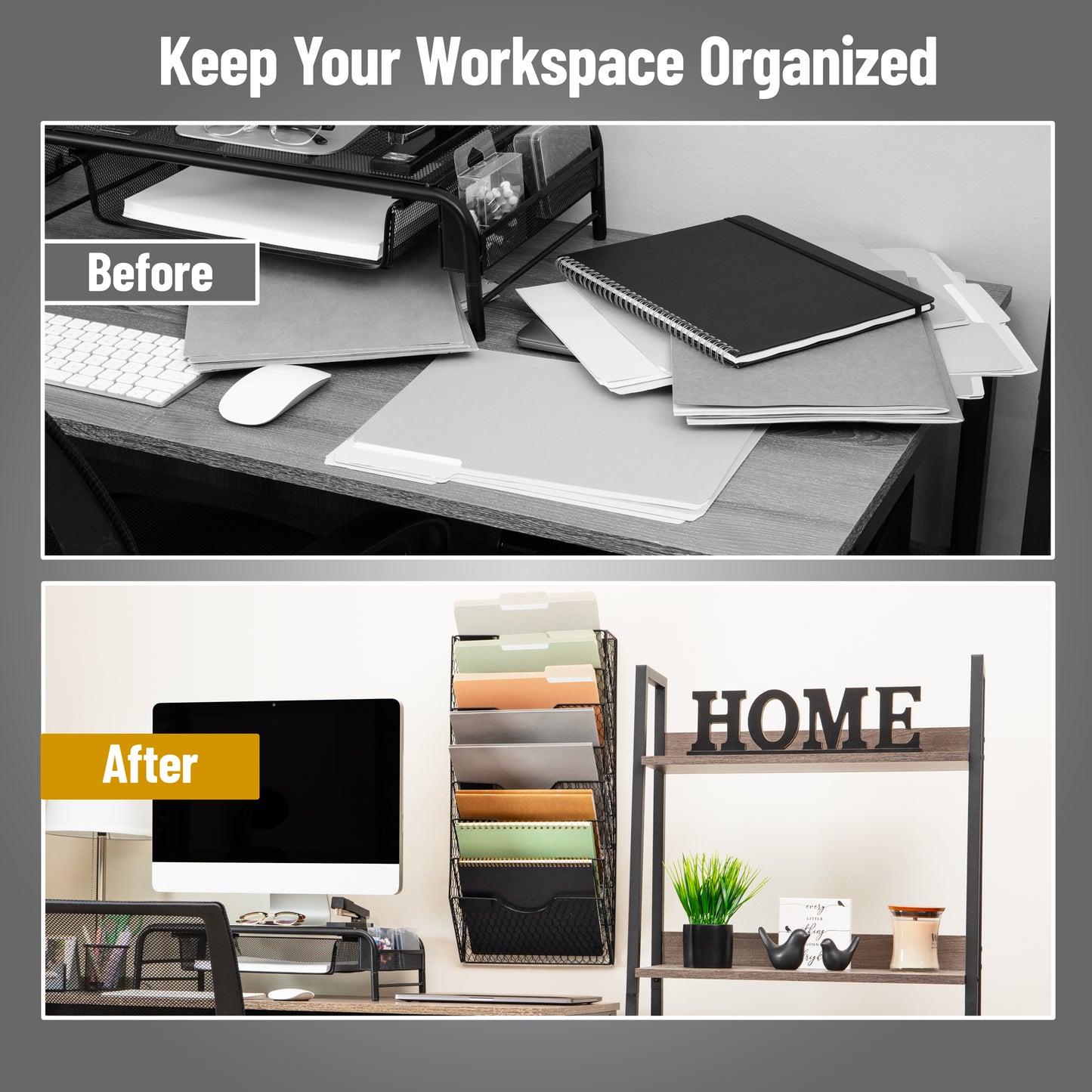 Mind Reader Wall Mounted File Organizer, 8 Tier Wire Mesh Document Holder with Label Slots, Vertical Storage Rack for Office, Mail, and Folders, Black