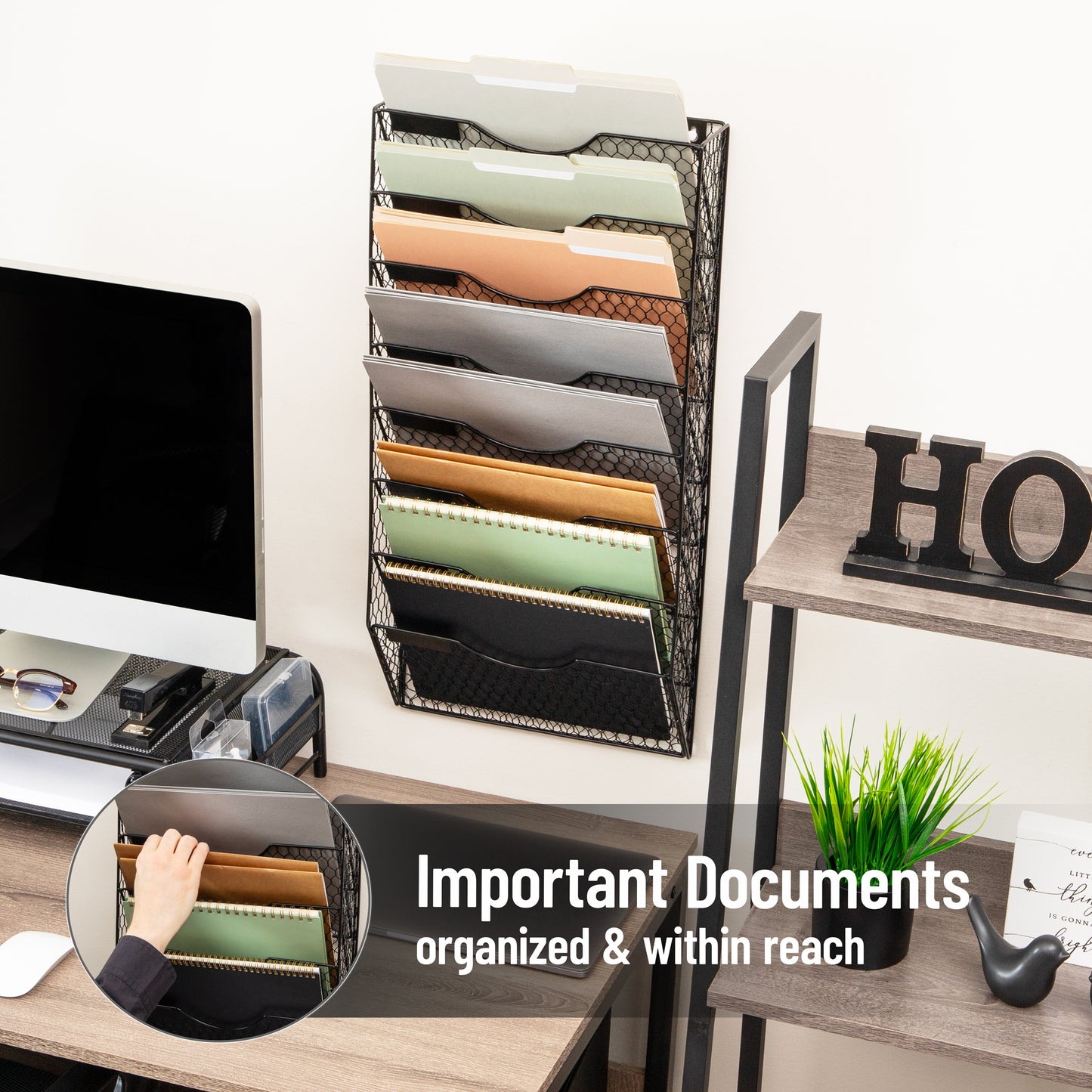 Mind Reader Wall Mounted File Organizer, 8 Tier Wire Mesh Document Holder with Label Slots, Vertical Storage Rack for Office, Mail, and Folders, Black