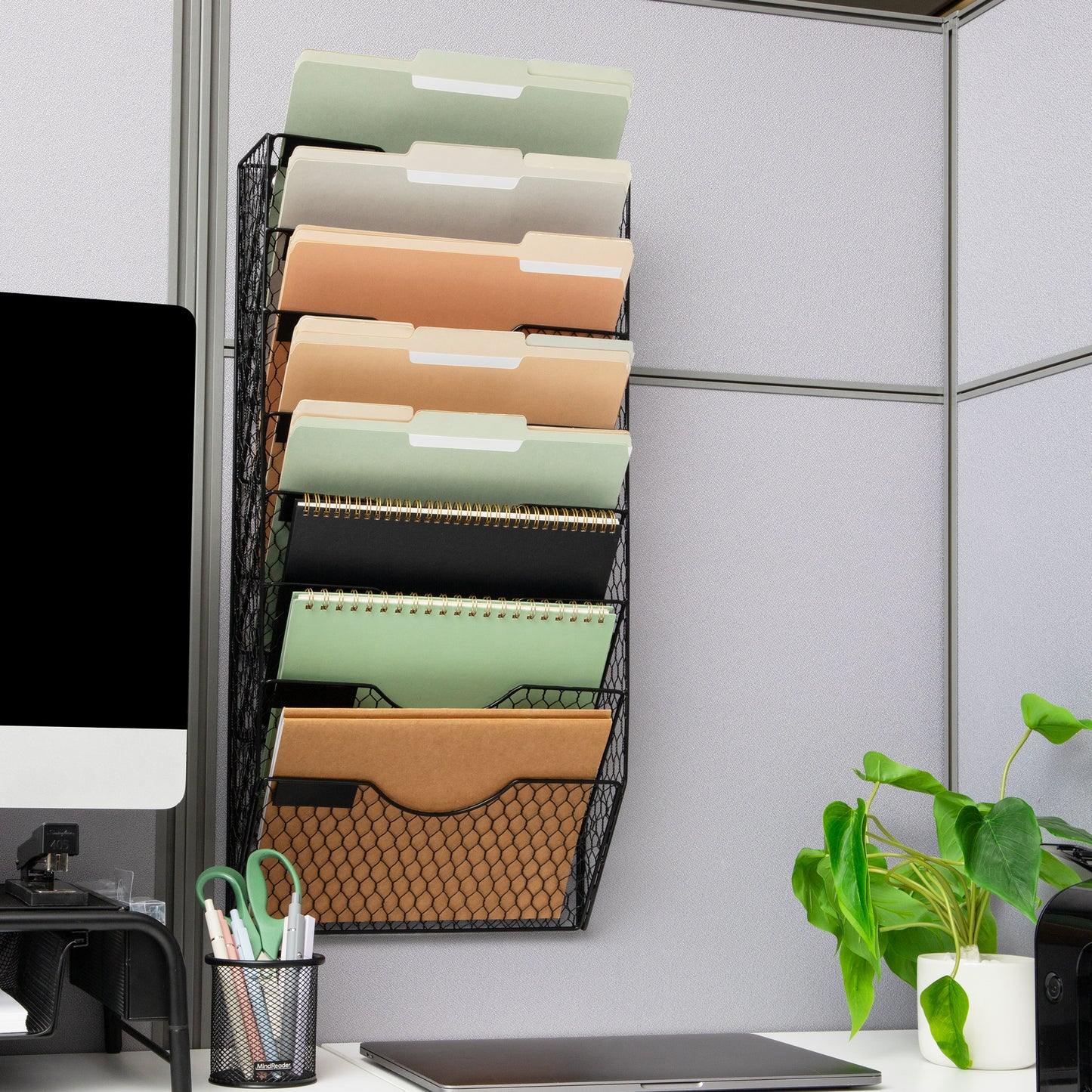 Mind Reader Wall Mounted File Organizer, 8 Tier Wire Mesh Document Holder with Label Slots, Vertical Storage Rack for Office, Mail, and Folders, Black