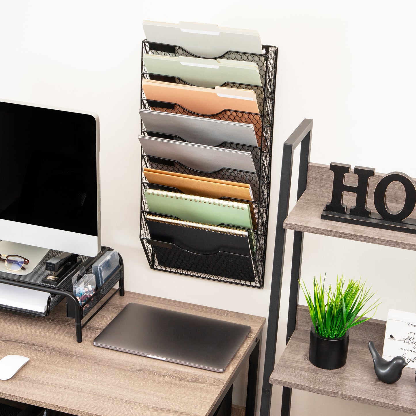 Mind Reader Wall Mounted File Organizer, 8 Tier Wire Mesh Document Holder with Label Slots, Vertical Storage Rack for Office, Mail, and Folders, Black