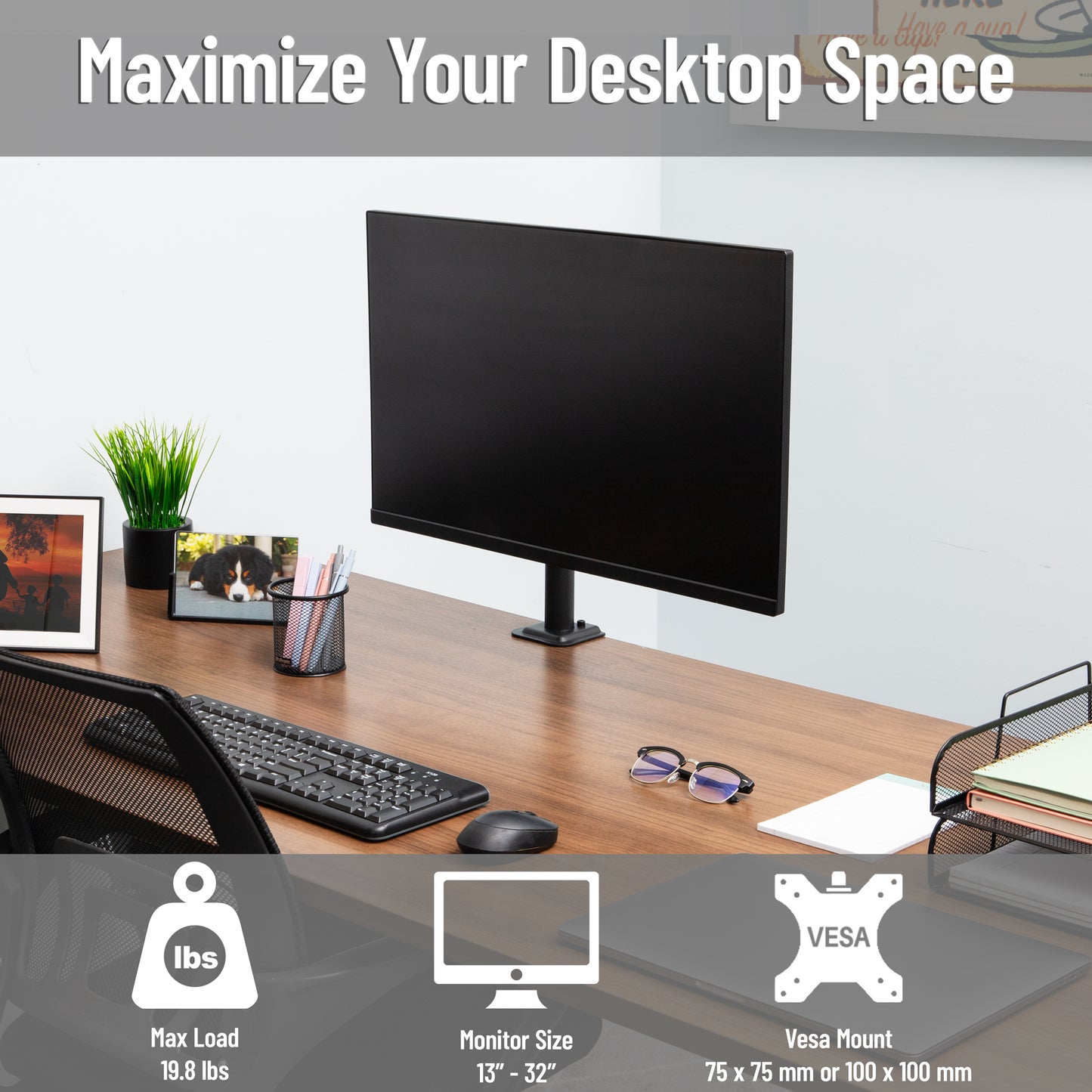 Mind Reader Single Monitor Desk Mount for 13–32 Inch Screens, Adjustable Arm with 180° Rotation, ±90° Swivel, ±45° Tilt, VESA 75x75/100x100, Integrated Cable Management, Up to 17.6 lbs Load, Black