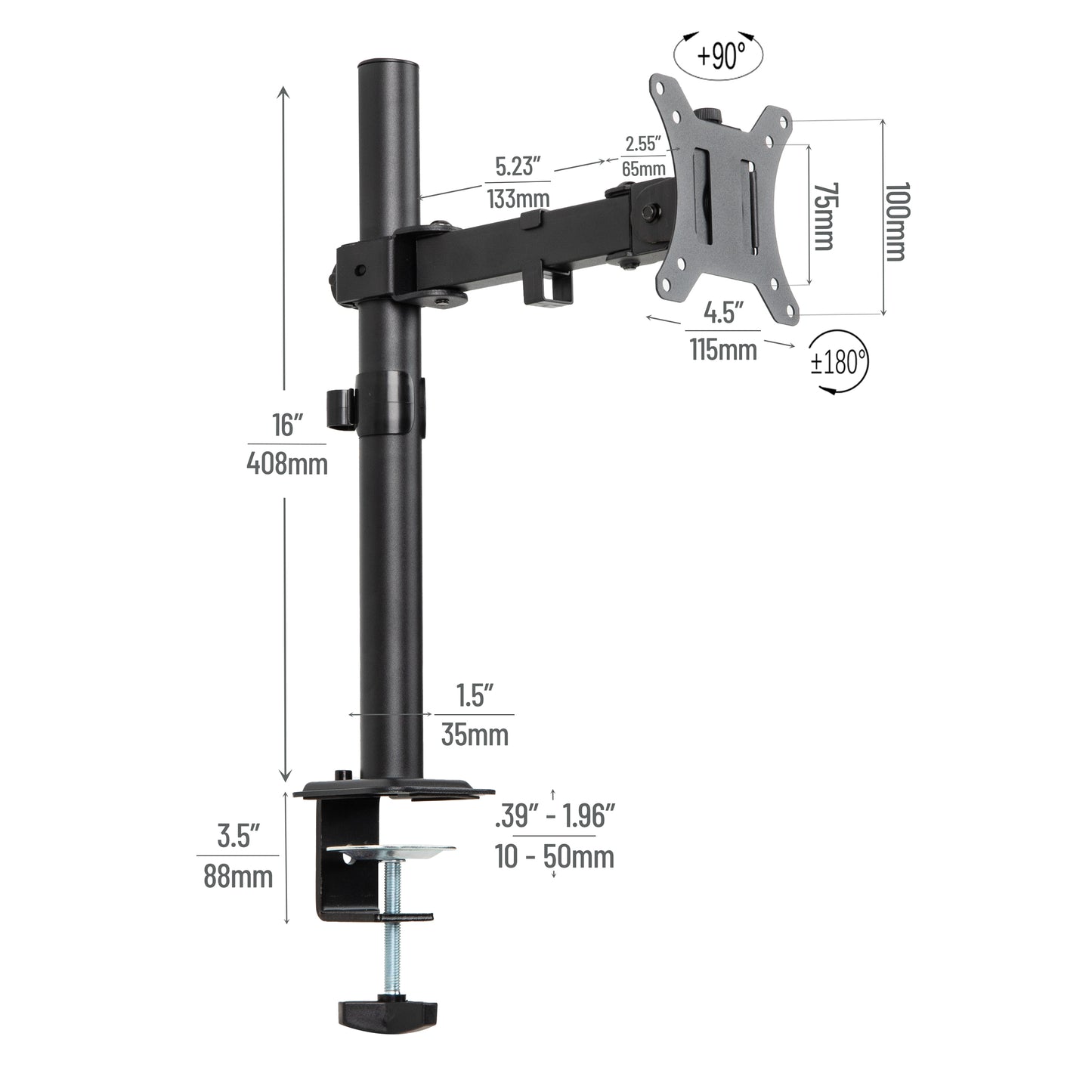 Mind Reader Single Monitor Desk Mount for 13–32 Inch Screens, Adjustable Arm with 180° Rotation, ±90° Swivel, ±45° Tilt, VESA 75x75/100x100, Integrated Cable Management, Up to 17.6 lbs Load, Black