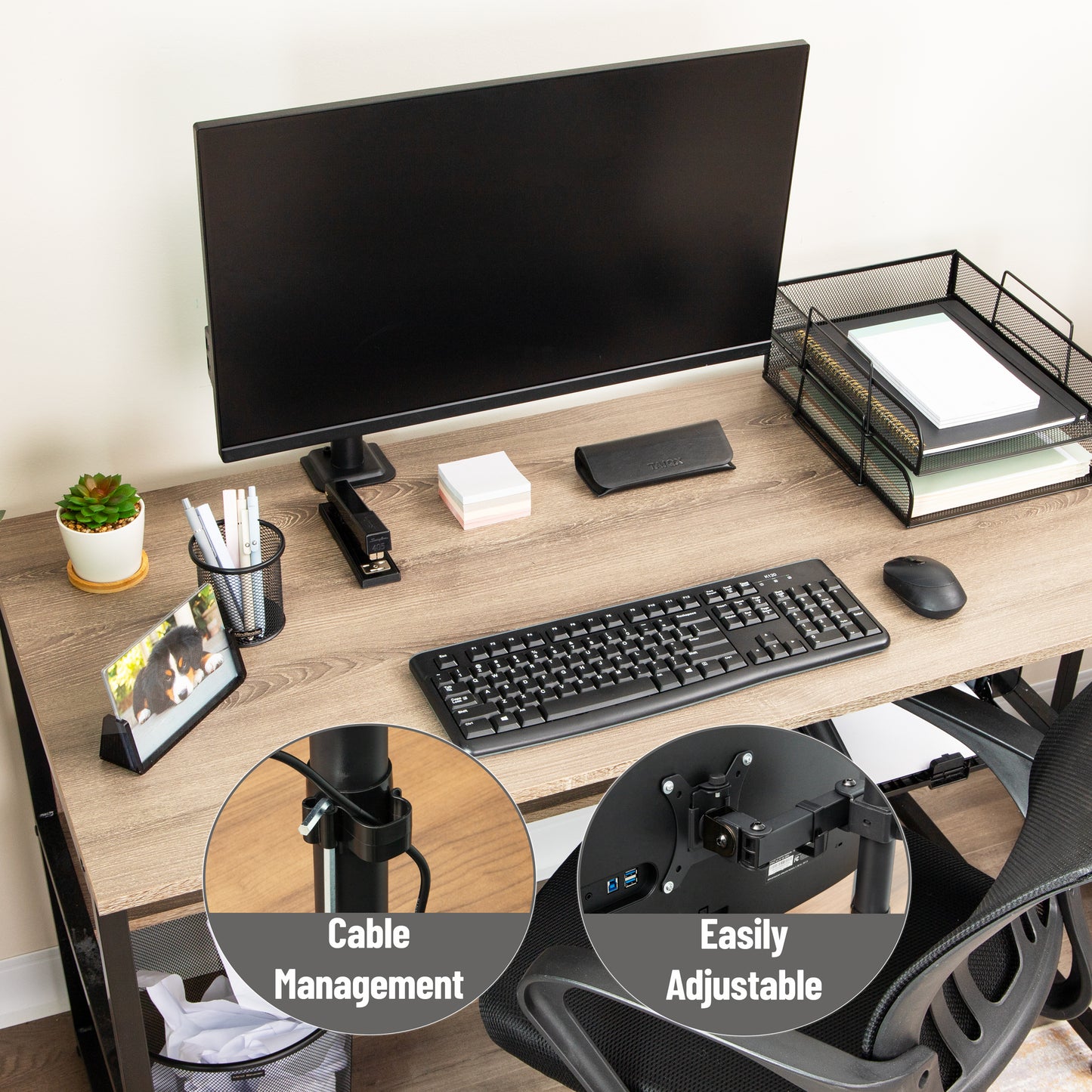 Mind Reader Single Monitor Desk Mount for 13–32 Inch Screens, Adjustable Arm with 180° Rotation, ±90° Swivel, ±45° Tilt, VESA 75x75/100x100, Integrated Cable Management, Up to 17.6 lbs Load, Black