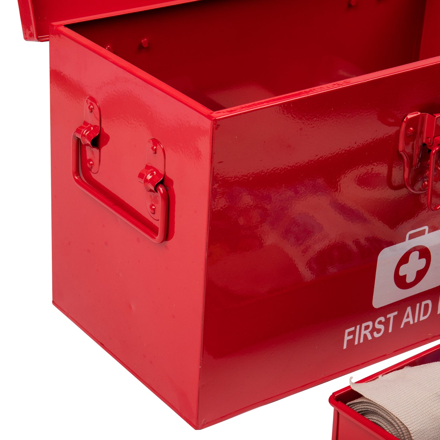 Mind Reader First Aid Box, Emergency Kit, Medical Supply Organizer, Vintage, Buckle Lock, Metal, 13.25"L x 7"W x 8.25"H, Red