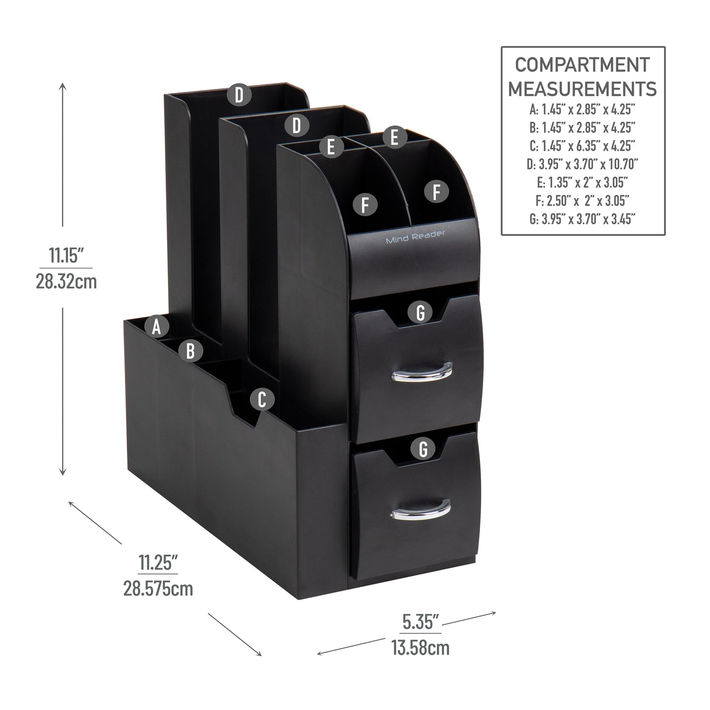 Mind Reader Cup and Condiment Station, Countertop Organizer, Coffee Bar, Kitchen, Stirrers, 5.35"L x 11.25"W x 11.15"H, Black