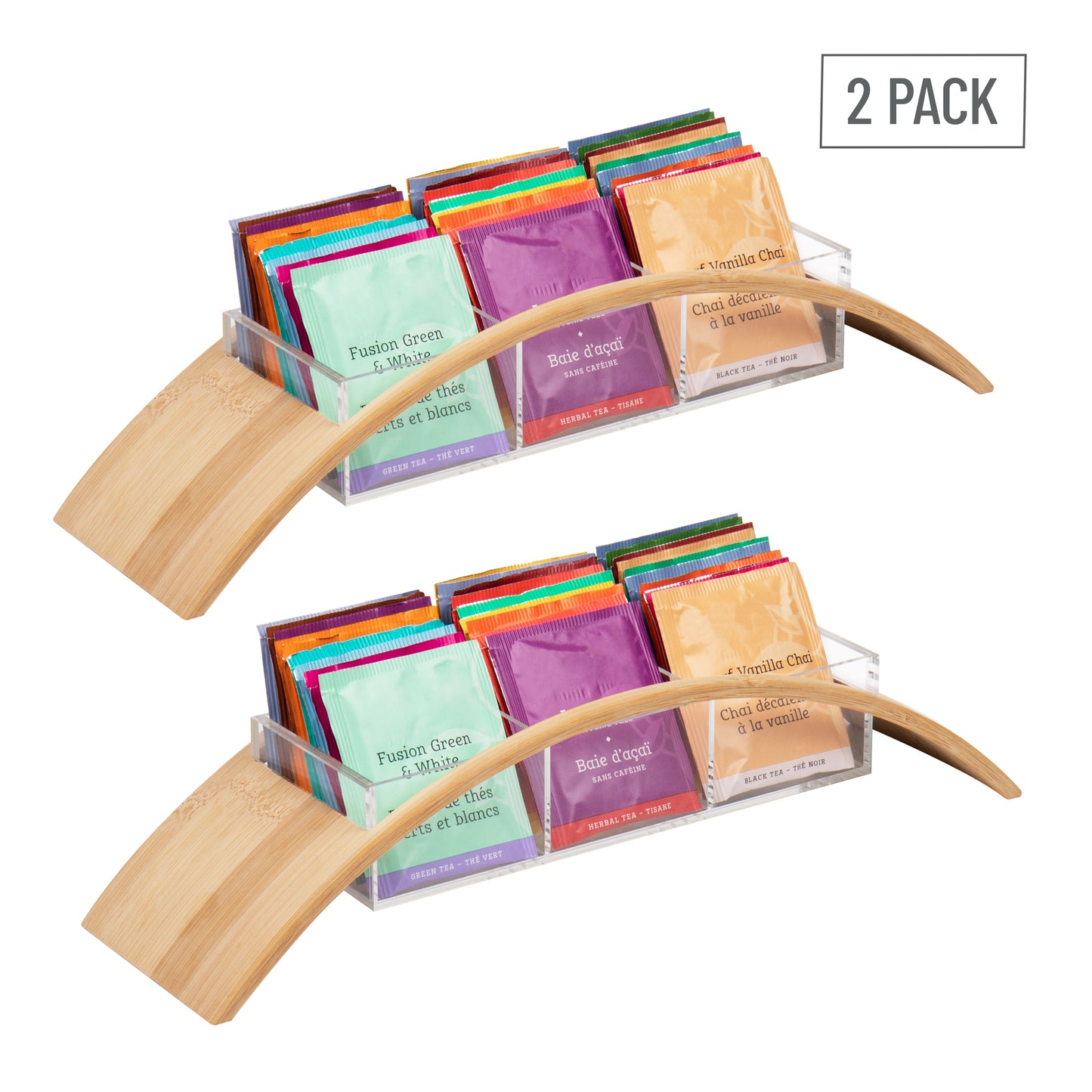 Mind Reader Tea Bag Organizer, Tea Station, Countertop, Rayon from Bamboo and Acrylic, 13.5"L x 3.75"W x 3"H, Set of 2, Brown