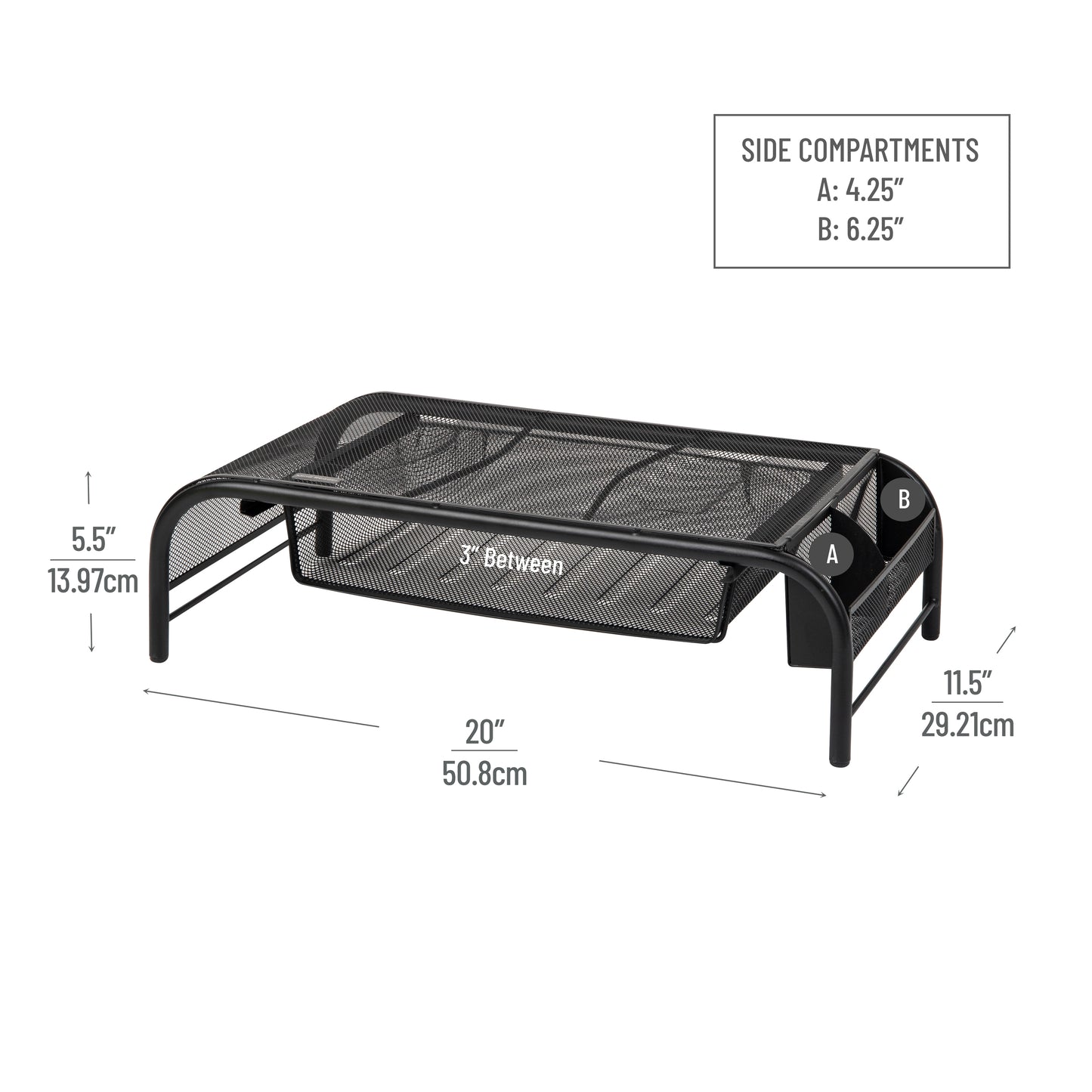 Mind Reader Monitor Stand, Ventilated Laptop Riser, Paper Tray, Office, Metal Mesh, 20"L x 11.5"W x 5.5"H, Set of 2