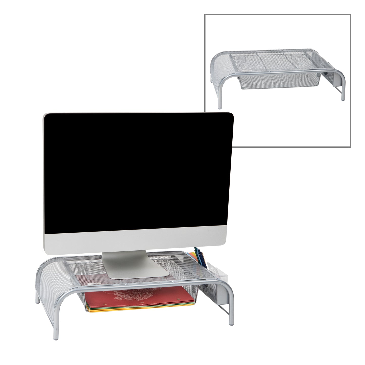 Mind Reader Monitor Stand, Ventilated Laptop Riser, Paper Tray, Office, Metal Mesh, 20"L x 11.5"W x 5.5"H, Set of 2