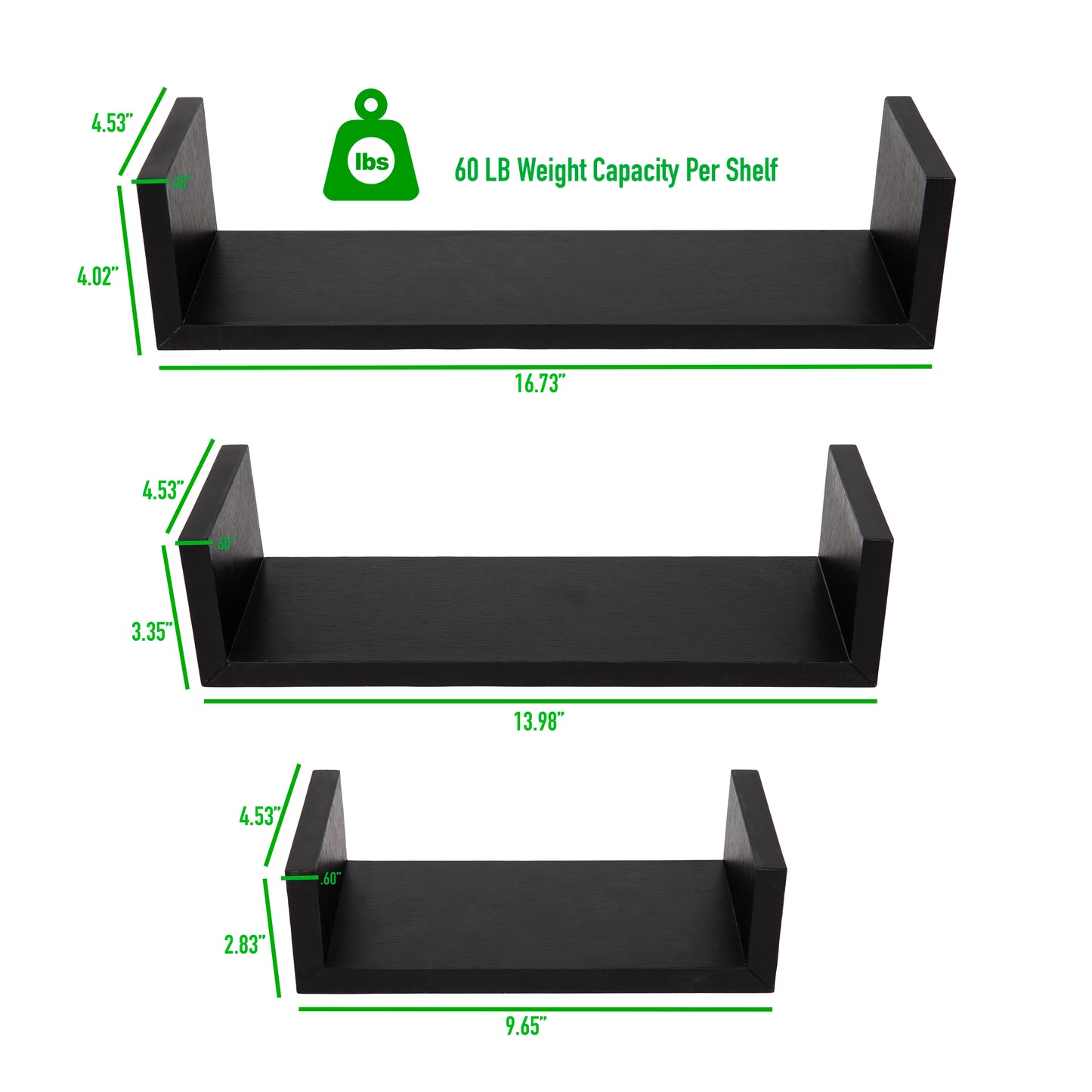 Mind Reader Floating Shelves with Invisible Brackets for Living Room, Bedroom, Bathroom, Kitchen, Set of 3, 16.75"L x 4.5"W x 4."H