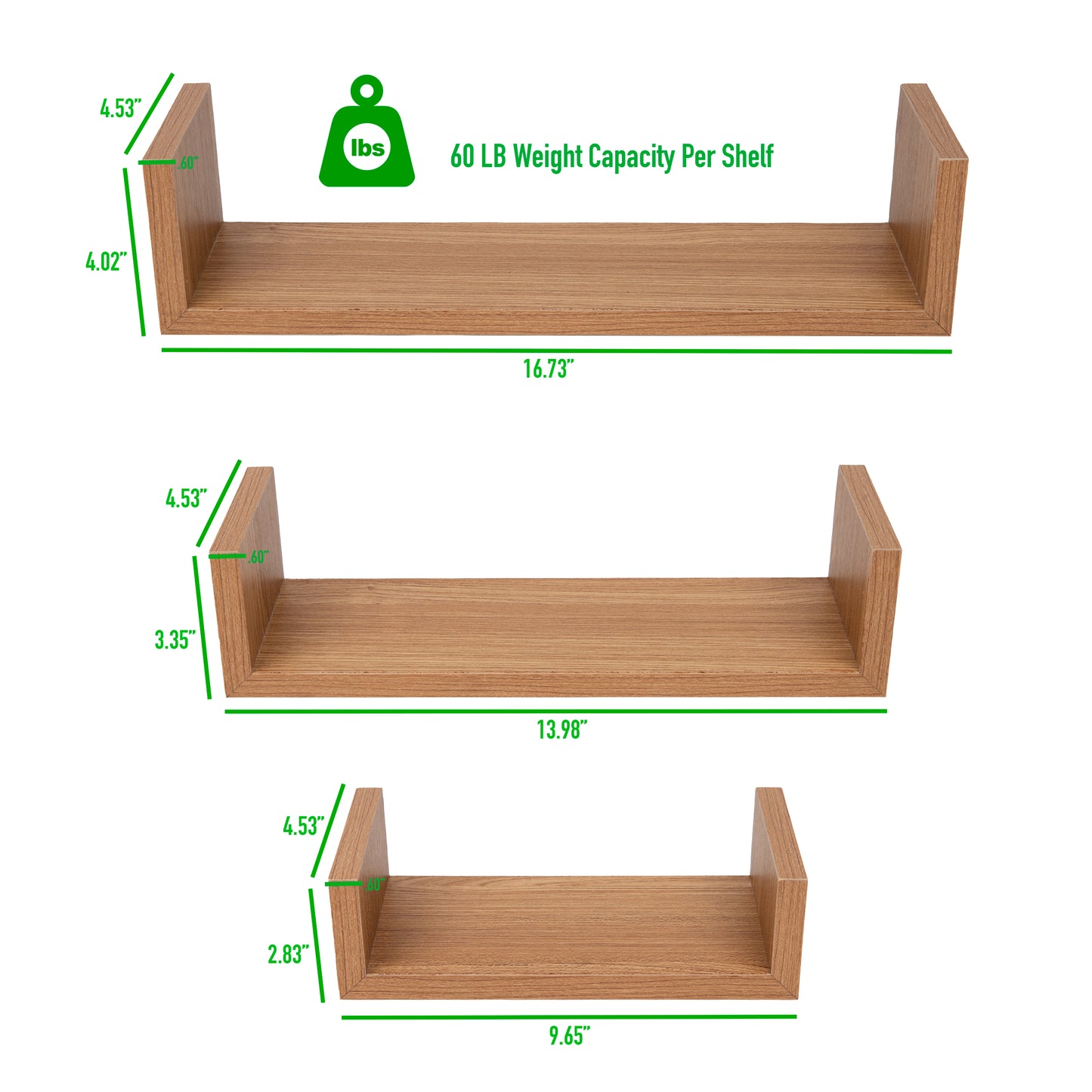 Mind Reader Floating Shelves with Invisible Brackets for Living Room, Bedroom, Bathroom, Kitchen, Set of 3, 16.75"L x 4.5"W x 4."H