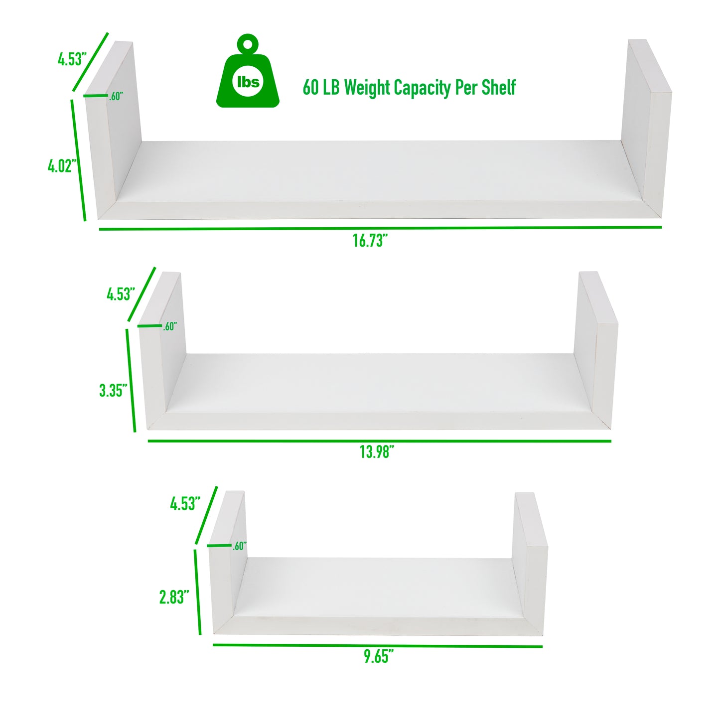 Mind Reader Floating Shelves with Invisible Brackets for Living Room, Bedroom, Bathroom, Kitchen, Set of 3, 16.75"L x 4.5"W x 4."H