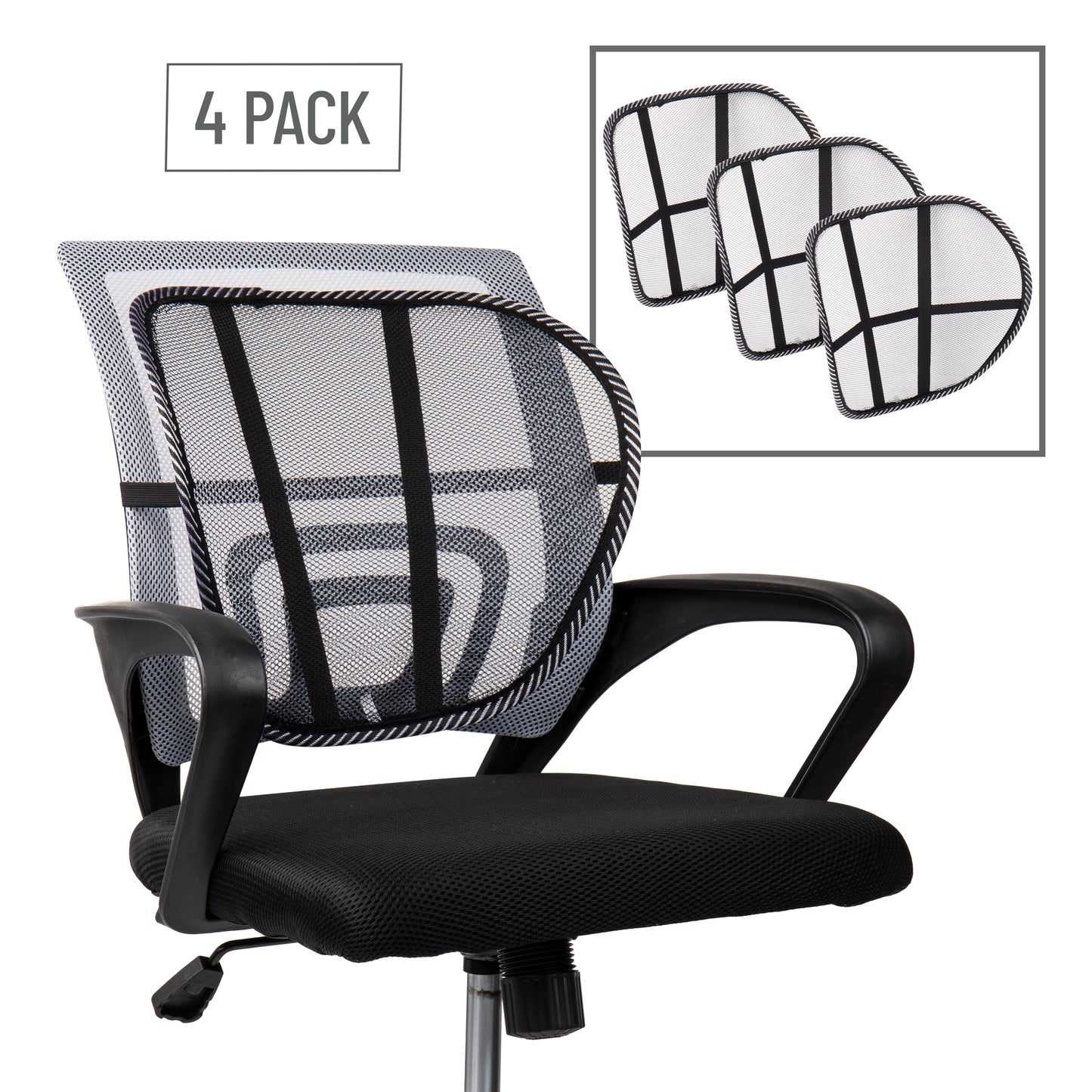 Mind Reader Ergonomic Lower Back Support, Office Chair Cushion, Posture Corrector, Mesh, 15.5"L x 15"W x 5"H, Set of 4, Black