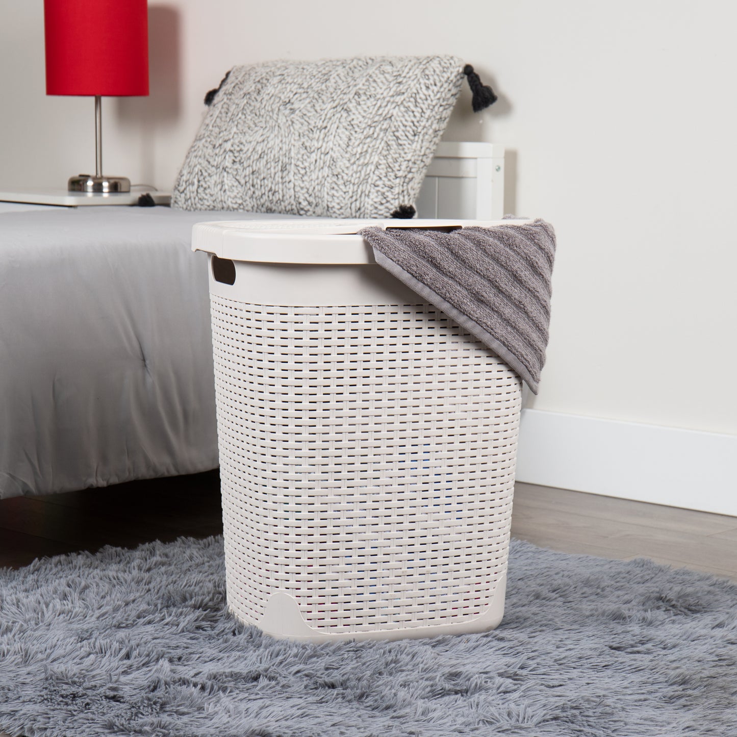 Mind Reader 50L Slim Laundry Hamper, Clothes Basket, Lid, Wicker Design, Plastic, 17.65"L x 13.75"W x 21"H