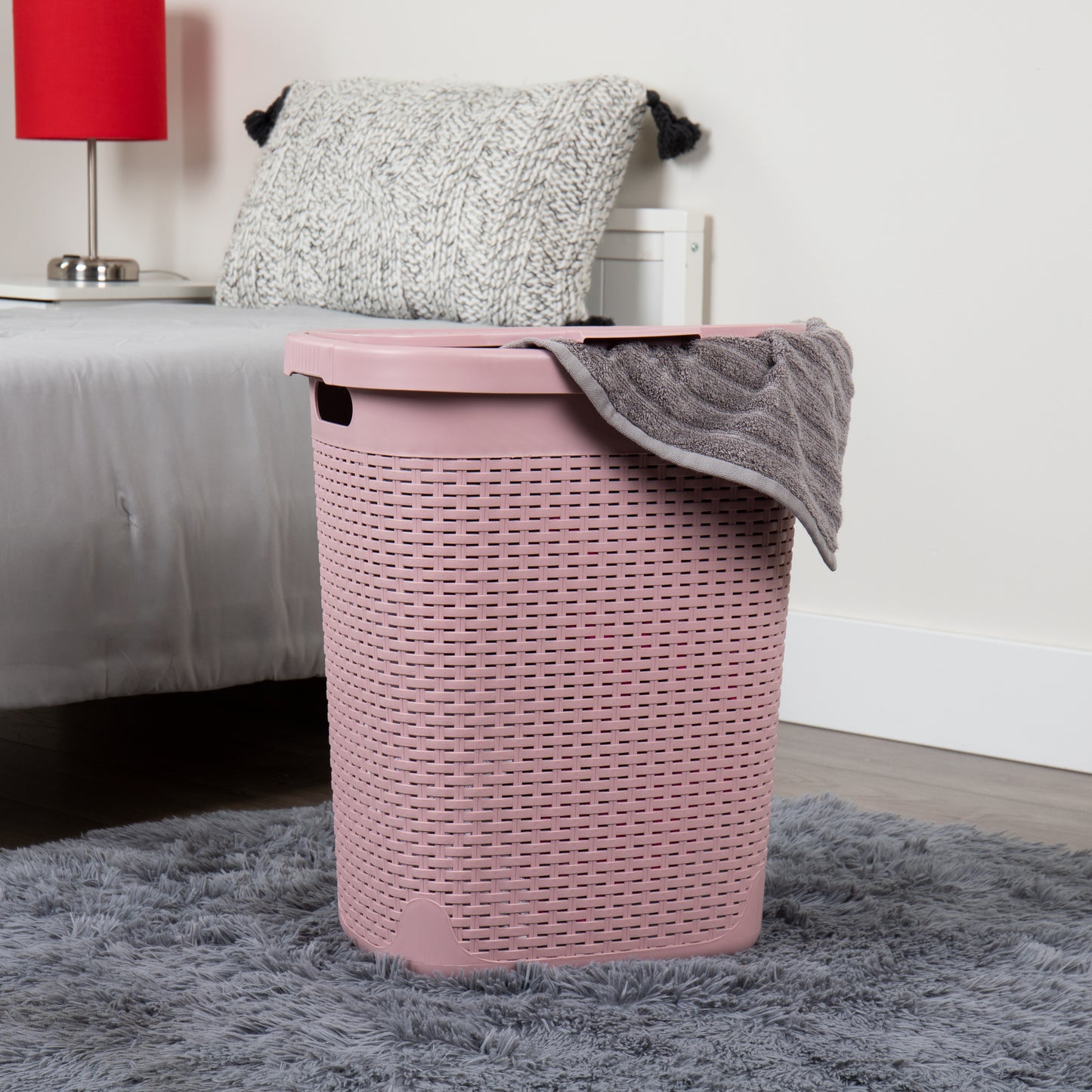 Mind Reader 50L Slim Laundry Hamper, Clothes Basket, Lid, Wicker Design, Plastic, 17.65"L x 13.75"W x 21"H