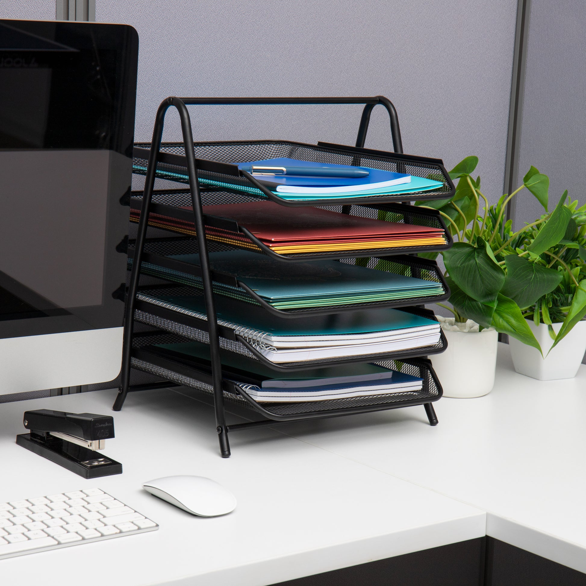 5-Tier Desk Organizer with File Holder, Drawer, and Pen Holders - Mesh  Desktop Storage for Office Supplies and Magazines