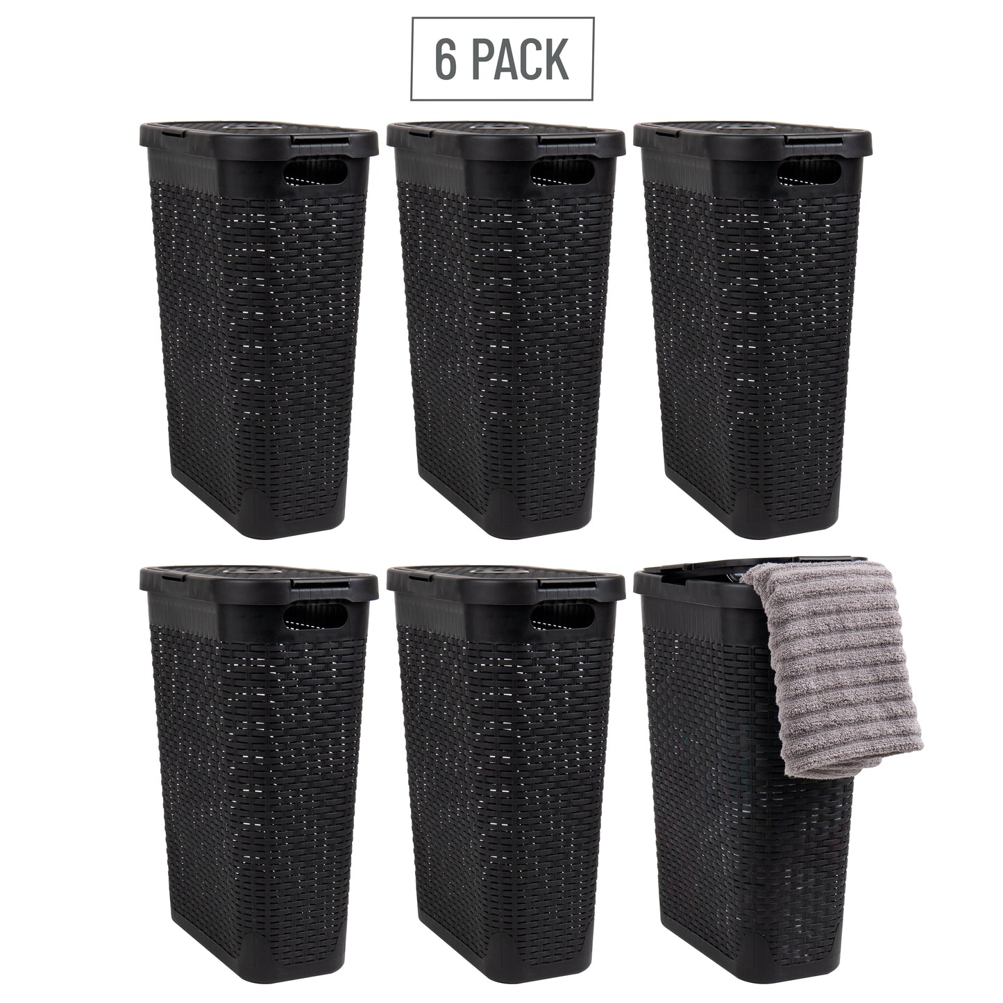 Mind Reader 40L Slim Laundry Hamper, Clothes Basket, Lid, Wicker Design, Plastic, 18"L x 10.4"W x 23.5"H, Set of 6, Black