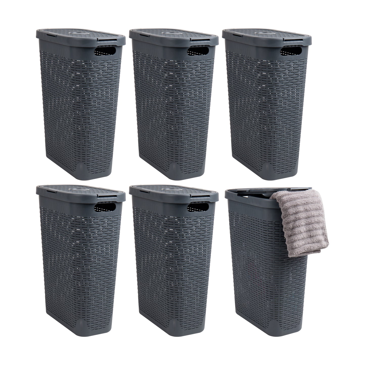 Mind Reader 40L Slim Laundry Hamper, Clothes Basket, Lid, Wicker Design, Plastic, 18"L x 10.4"W x 23.5"H, Set of 6, Black