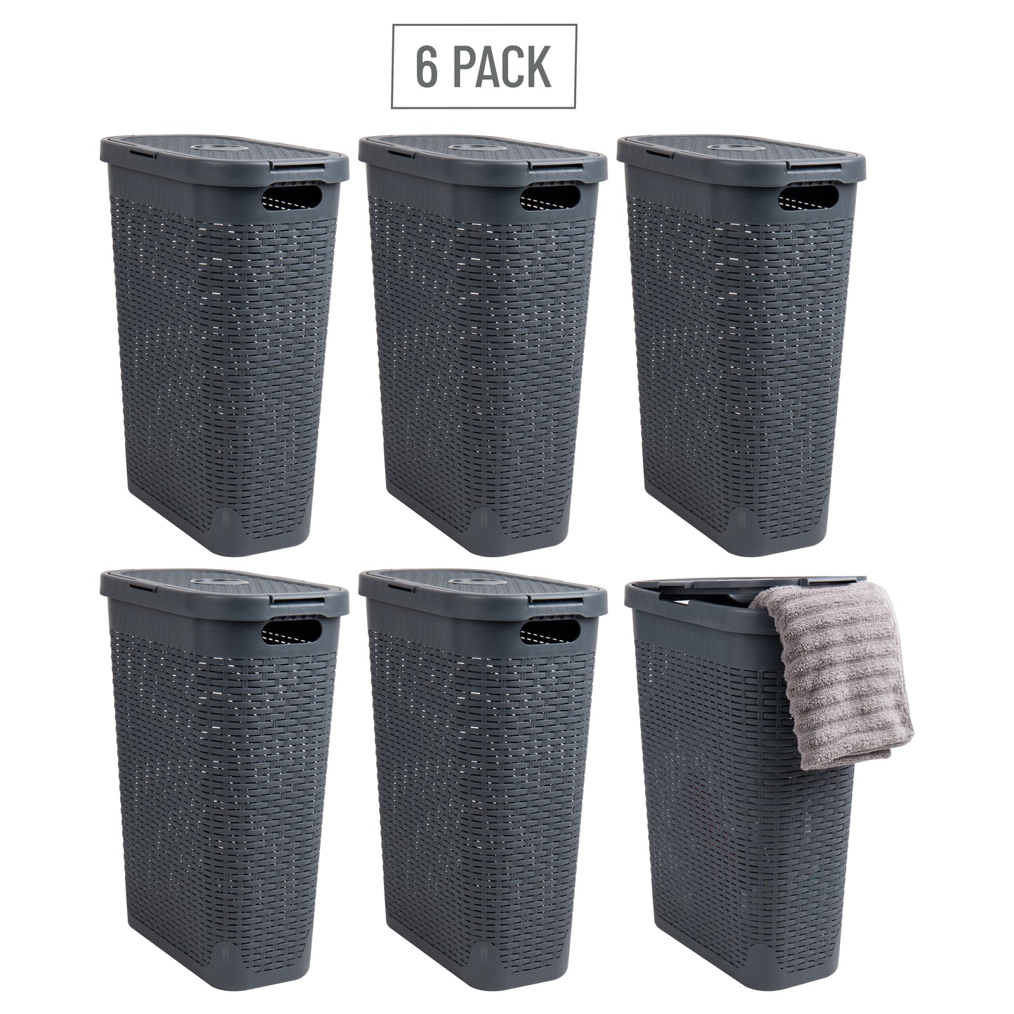 Mind Reader 40L Slim Laundry Hamper, Clothes Basket, Lid, Wicker Design, Plastic, 18"L x 10.4"W x 23.5"H, Set of 6, Black