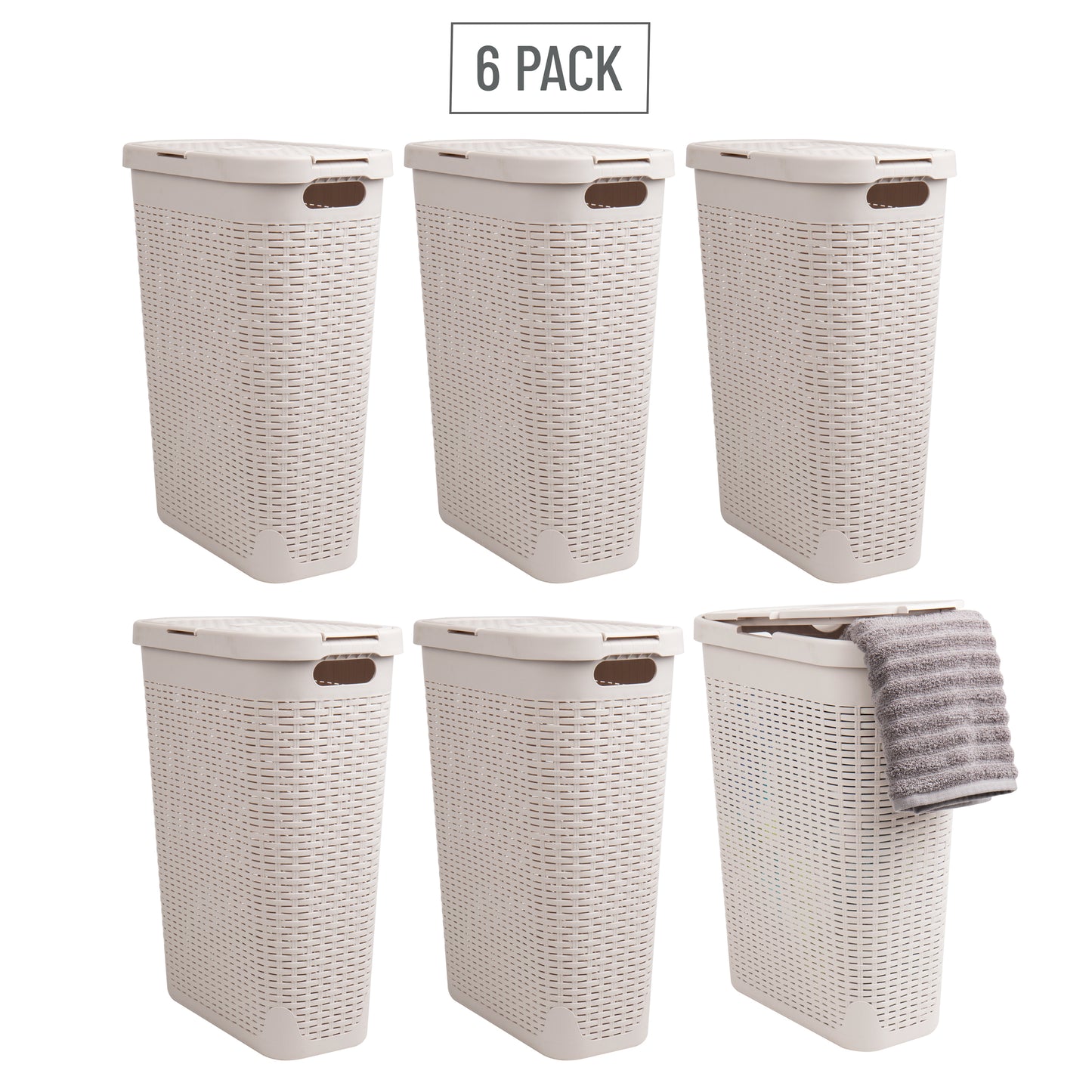 Mind Reader 40L Slim Laundry Hamper, Clothes Basket, Lid, Wicker Design, Plastic, 18"L x 10.4"W x 23.5"H, Set of 6, Black