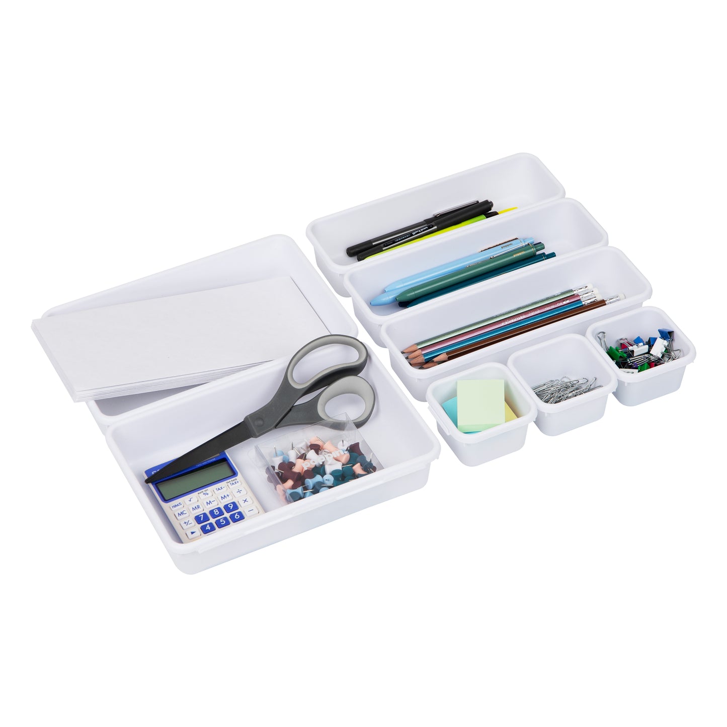 Mind Reader 8-Pc Drawer Organizer, Desk Organizer, Interlocking, Storage, Kitchen, Office, 9.25"L x 6.5"W x 3.74"H, White