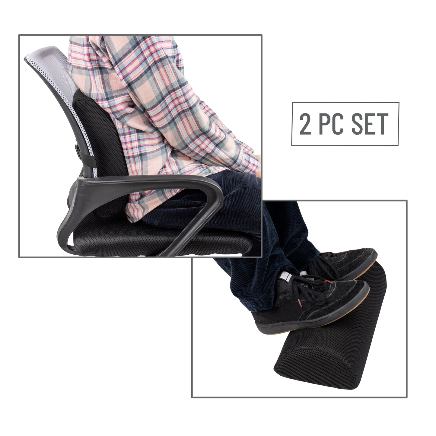 Mind Reader Back and Footrest Set, Under Desk at Work, Ergonomic, Office, Back Rest 13"L x 12.5"W x 4.25"H, 2 Pcs, Black