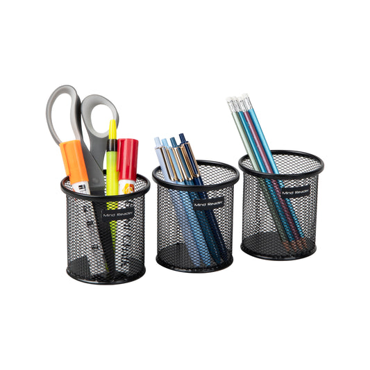 Mind Reader Pen and Accessories Holder, Desktop Organizer, Office, Metal Mesh, 3.5"L x 3.5"W x 3.75"H, Set of 3, Black