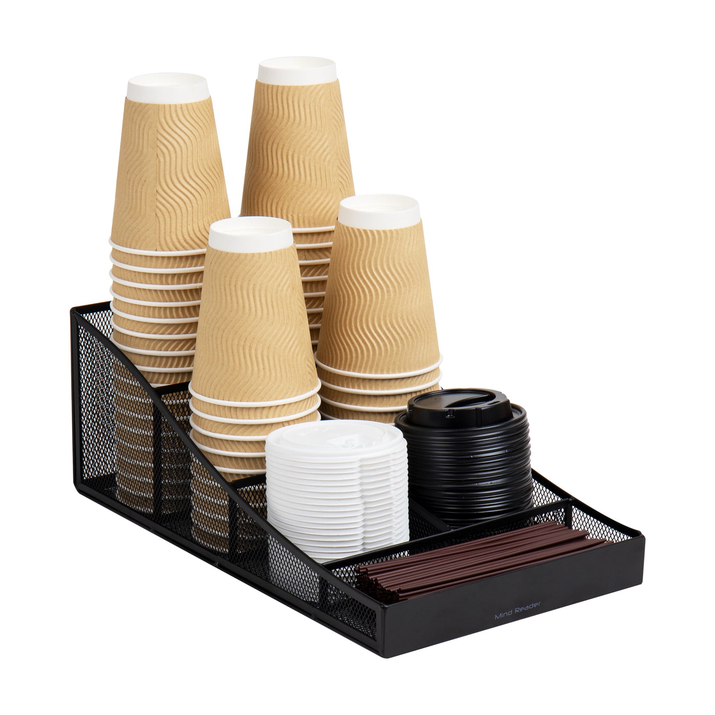 Mind Reader Anchor Collection, 7-Compartment Coffee Cup and Condiment Countertop Organizer, 15.5"L x 7.25"W x 5.25"H, Black
