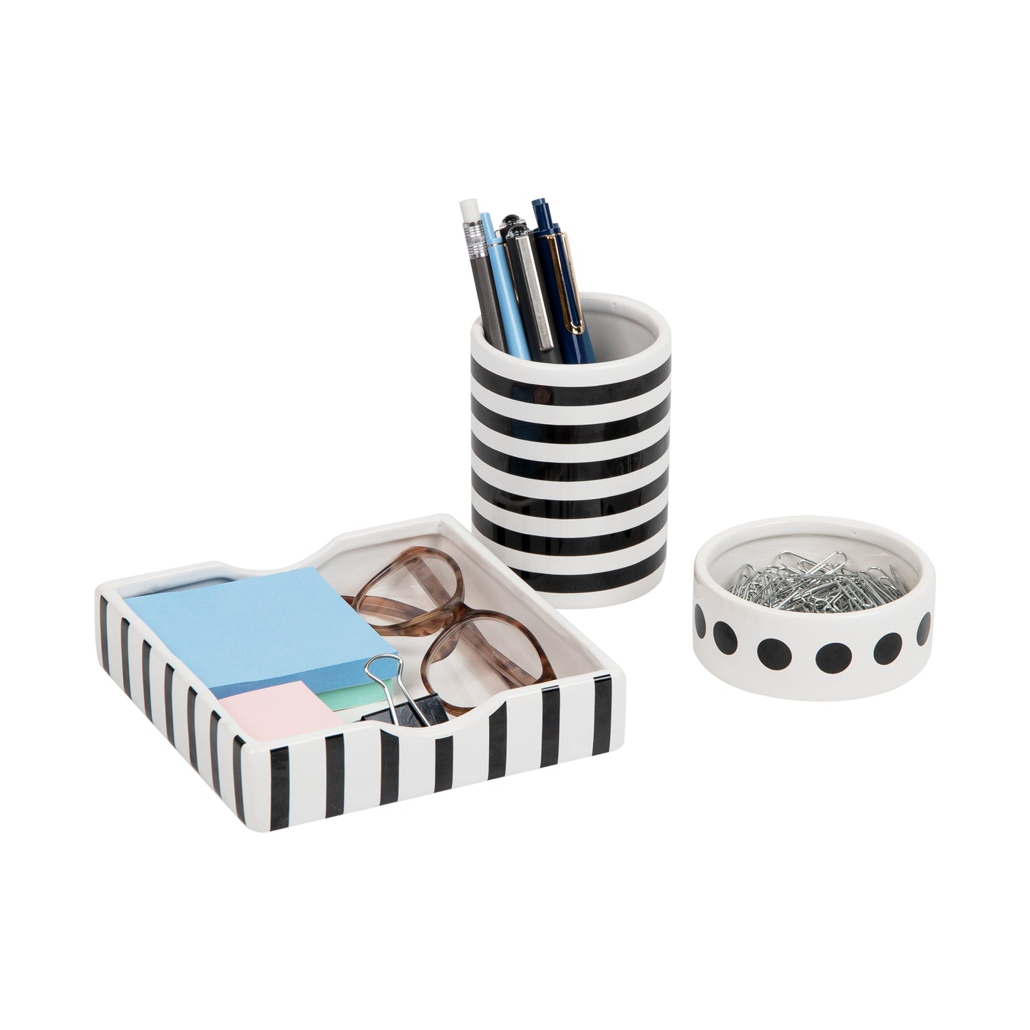 Mind Reader Desktop Organizer Set, Pen Cup, Clip Dish, Memo Tray, Office, Ceramic, 3"L x 3"W x 4"H, 3 Pcs., Black & White