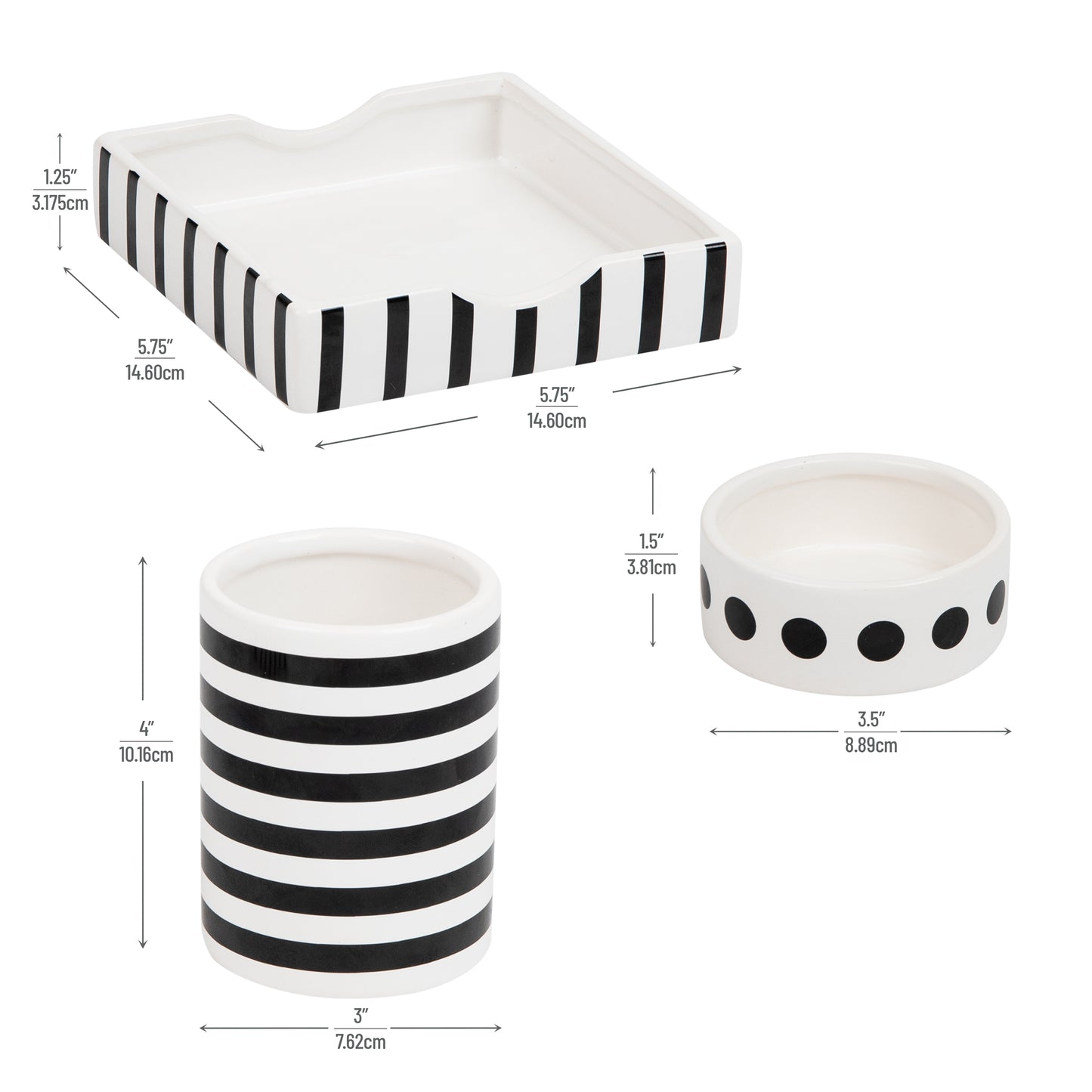 Mind Reader Desktop Organizer Set, Pen Cup, Clip Dish, Memo Tray, Office, Ceramic, 3"L x 3"W x 4"H, 3 Pcs., Black & White