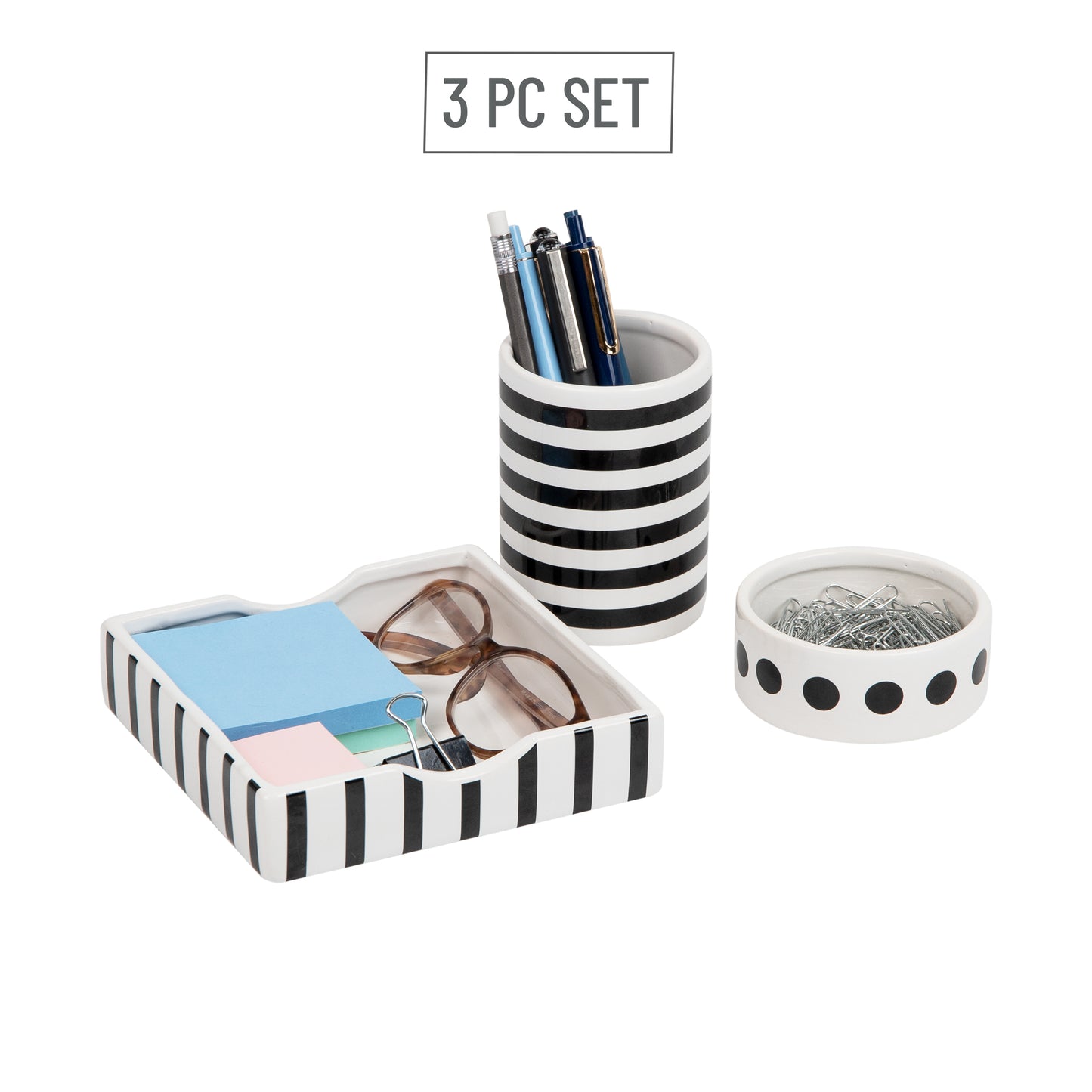 Mind Reader Ditto Collection, 3 Piece Set includes Pen Cup, Clip Dish and Memo Tray, Desktop Organization, Office, Ceramic, Black & White