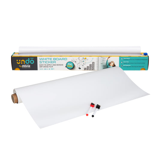 Mind Reader 9-to-5 Collection, Adhesive Dry Erase Whiteboard Roll with 2 Dry Erase Markers, 24 inches wide x 10 feet long, White