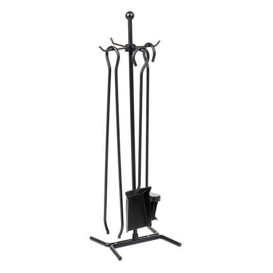 Mind Reader Fireplace Set with Stand, Brush, Shovel Scoop, Poker, Tongs, Steel, 8.25"L x 6.75"W x 26.25"H, 4 Pcs, Black