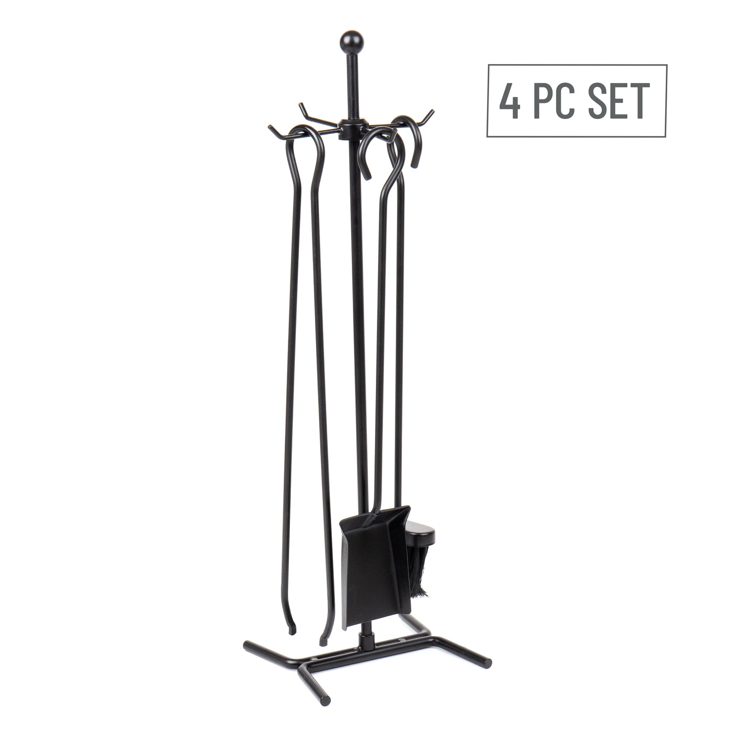 Mind Reader Fireplace Set with Stand, Brush, Shovel Scoop, Poker, Tongs, Steel, 8.25"L x 6.75"W x 26.25"H, 4 Pcs, Black