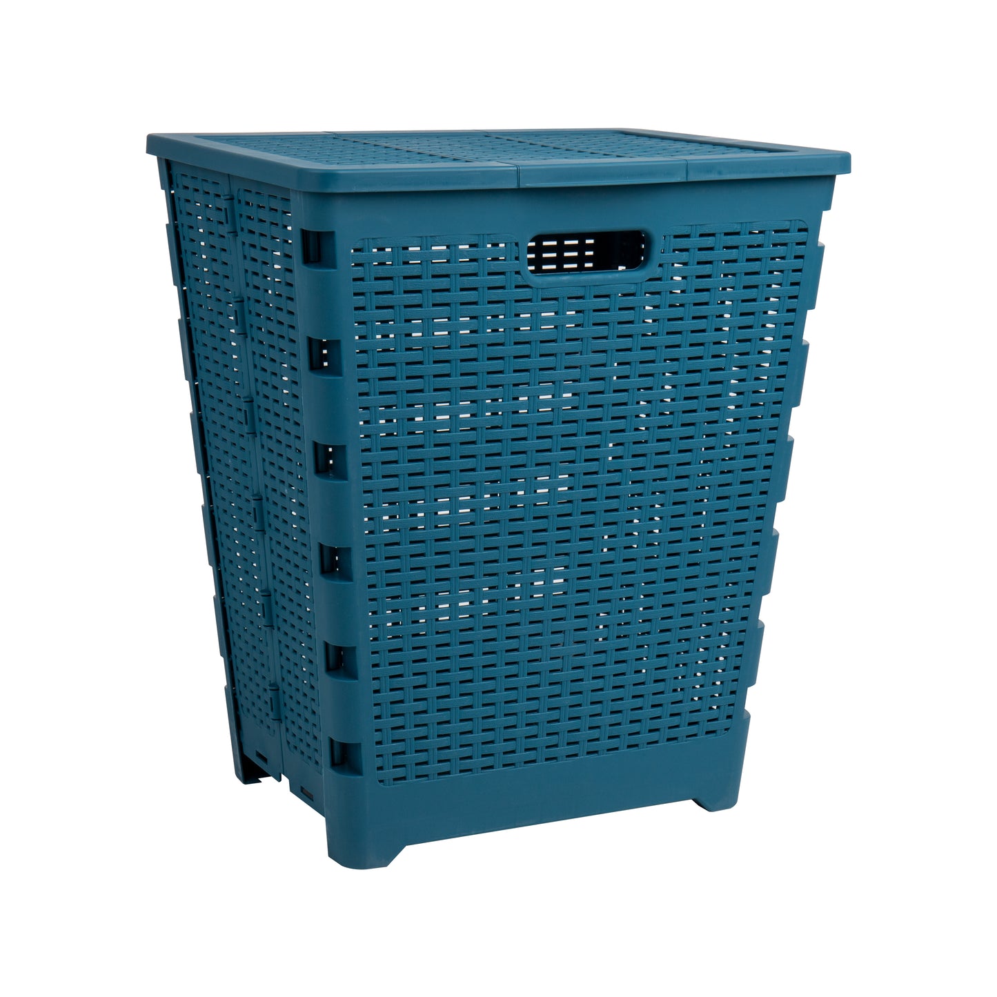 Mind Reader 61L Foldable Laundry Hamper, Clothes Basket, Lid, Wicker Design, Plastic, 18"L x 14.5"W x 21.25"H