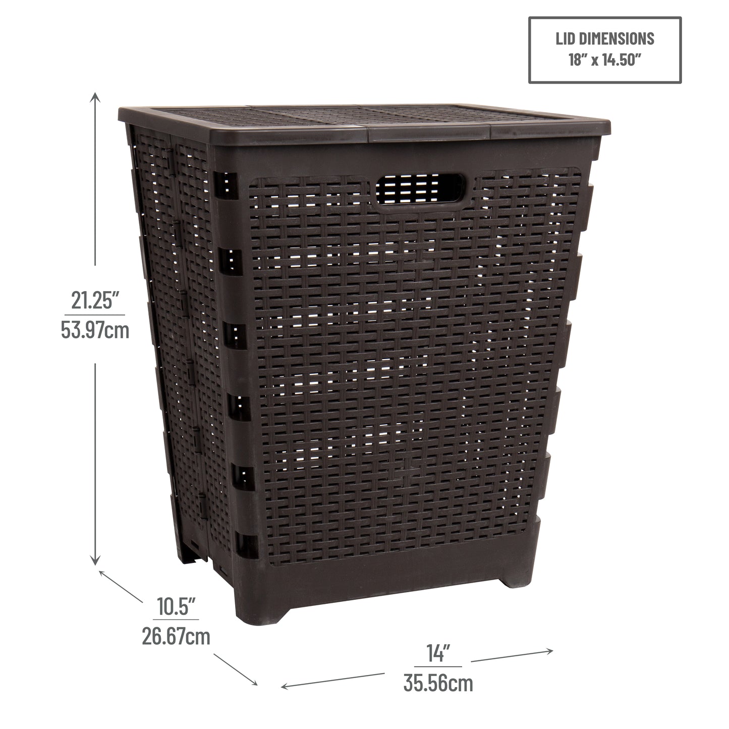 Mind Reader 61L Foldable Laundry Hamper, Clothes Basket, Lid, Wicker Design, Plastic, 18"L x 14.5"W x 21.25"H