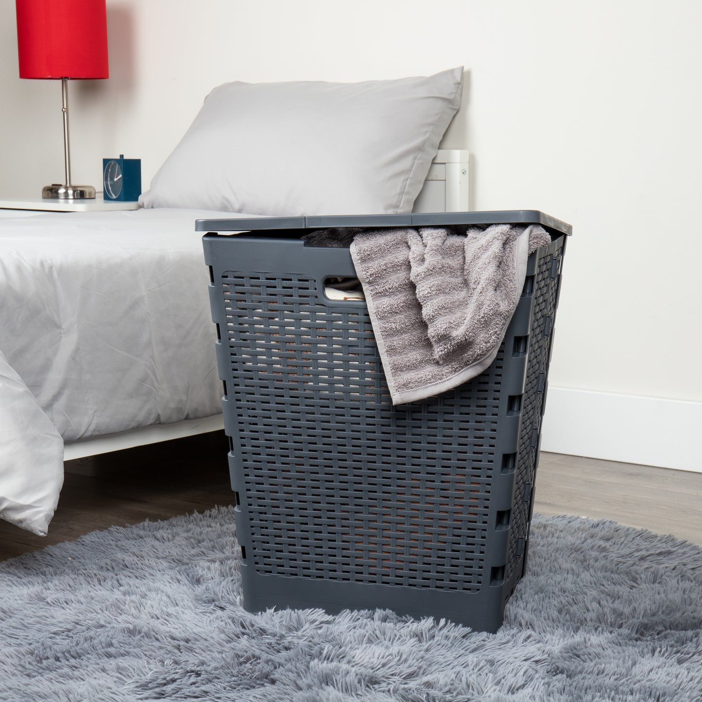 Mind Reader 61L Foldable Laundry Hamper, Clothes Basket, Lid, Wicker Design, Plastic, 18"L x 14.5"W x 21.25"H