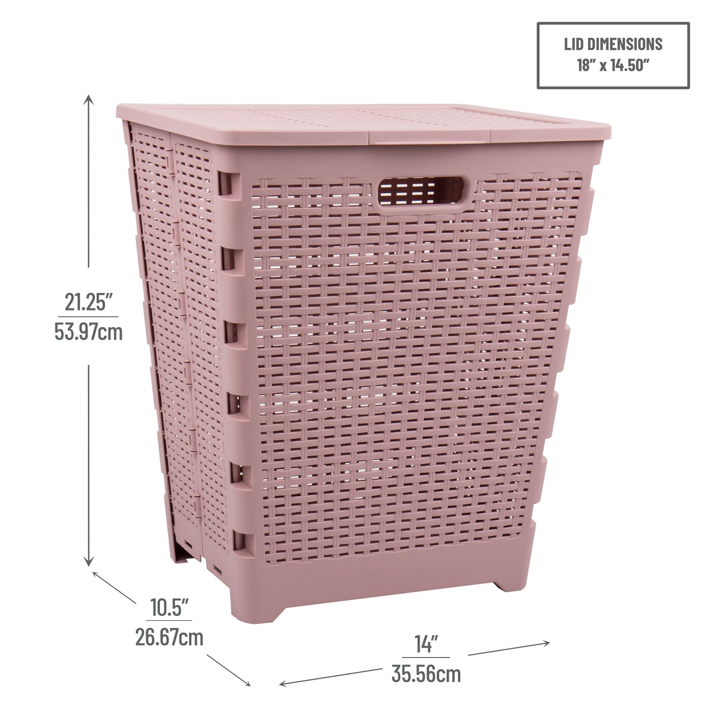 Mind Reader 61L Foldable Laundry Hamper, Clothes Basket, Lid, Wicker Design, Plastic, 18"L x 14.5"W x 21.25"H