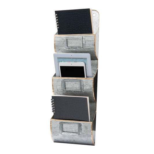 Mind Reader 3-Compartment Vertical File Organizer, Wall Mount, Desktop Space Saver, Office Organizer, Galvanized Metal, Silver